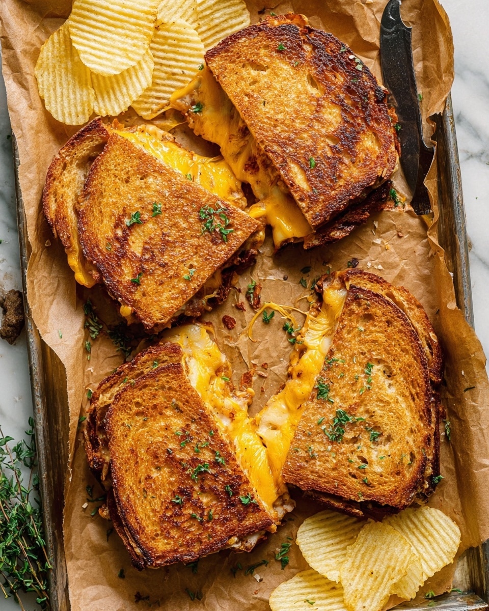 The image shows four grilled cheese sandwich halves on brown parchment paper, placed on a metal tray with a white marbled surface underneath. Each sandwich has two toasted golden-brown bread slices with a slightly crispy texture, filled with melted bright yellow cheese. The sandwiches have a mix of darker toasted spots and lighter areas, sprinkled with green herbs. Around the sandwiches, there are ridged potato chips with a light golden color and a few small green herb sprigs scattered. There is also a dark-handled knife next to one sandwich, with a woman's hand not shown but implied by the setup. The overall look is rustic and warm. photo taken with an iphone --ar 4:5 --v 7
