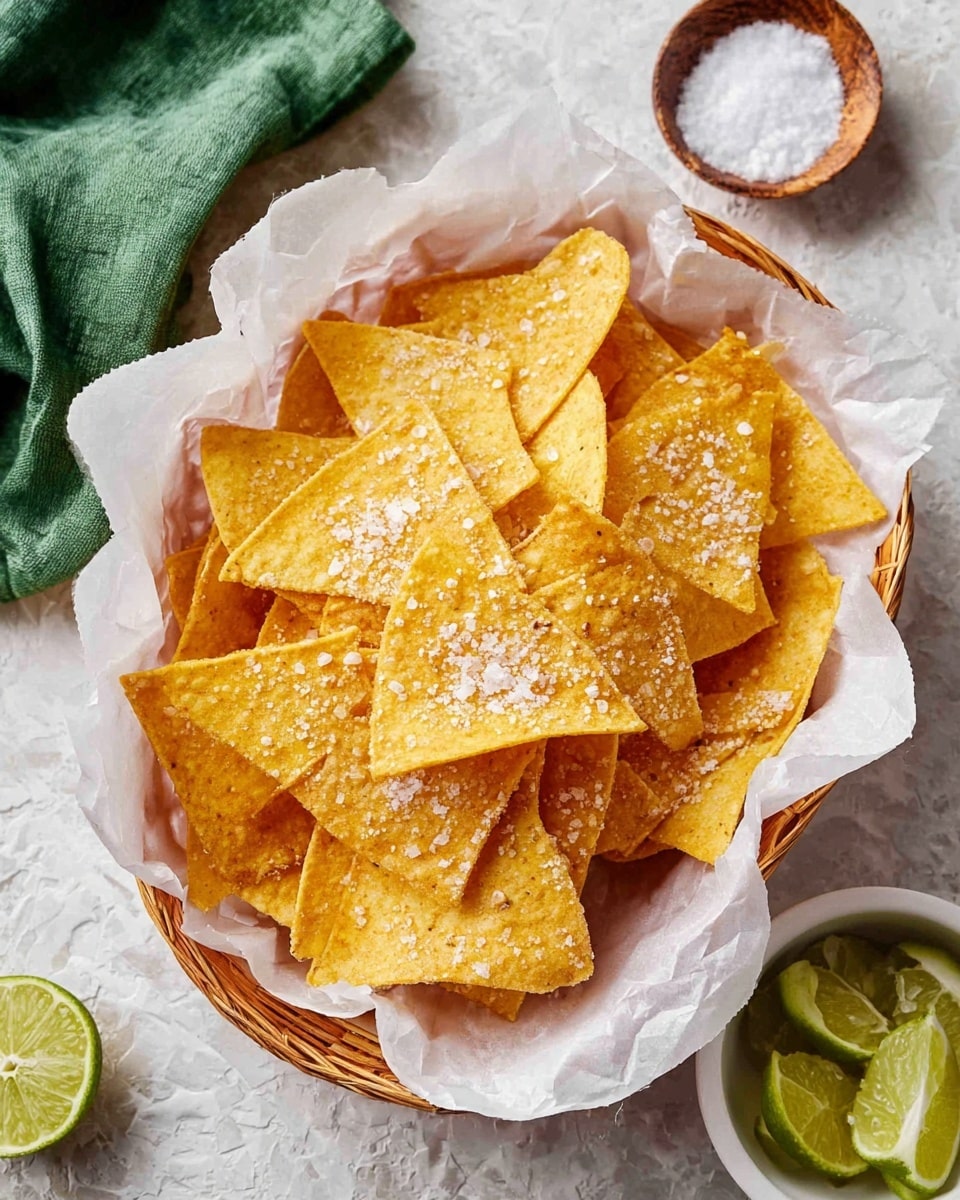 A basket lined with white parchment paper holds a pile of triangular, golden-yellow tortilla chips sprinkled with coarse white salt. The chips have a crispy texture with small bubbles visible on their surface. Around the basket, there is a white marbled textured surface with a small white bowl of coarse salt, another white bowl holding lime wedges, and a green cloth napkin partially visible. The scene is bright and clean. photo taken with an iphone --ar 4:5 --v 7