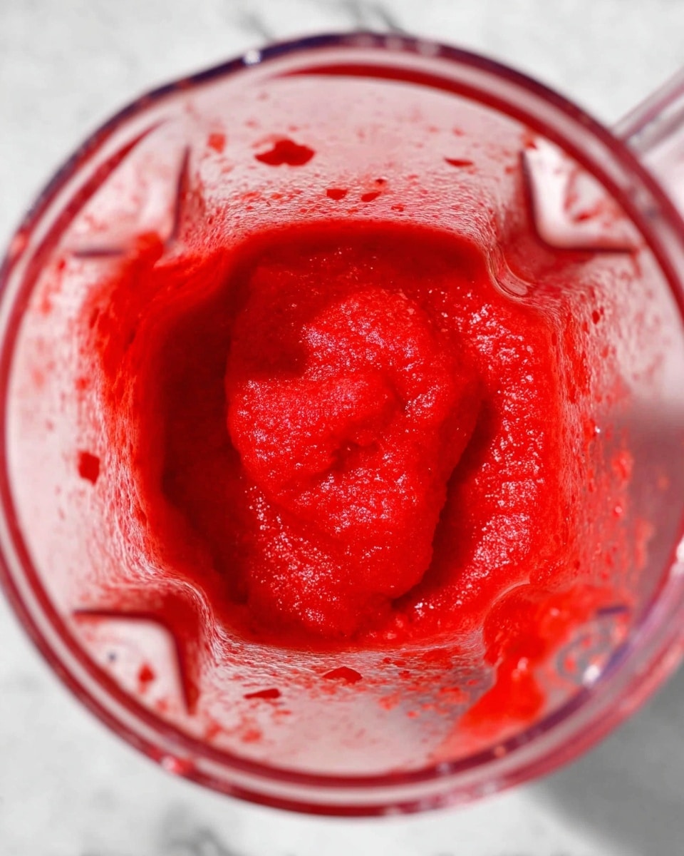 The image shows a blender containing a bright red, thick puree with a slightly chunky texture. The mixture fills most of the blender container, with small bits visible throughout, making the surface uneven. The blender is clear, allowing full view of the vibrant red contents inside. The container sits on a white marbled surface, and some splashes of the red puree are also seen inside on the sides of the blender. photo taken with an iphone --ar 4:5 --v 7