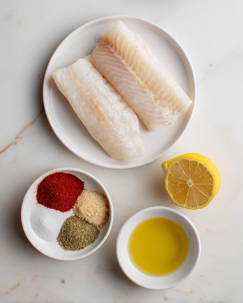 Two pieces of light beige fish fillets with slightly translucent and smooth texture are placed on a white plate in the upper left corner of the image. Below, there is a white bowl filled with six different spices, arranged in small sections: bright red paprika, coarse white salt, ground black pepper, light brown flour, greenish-brown cumin, and pale beige garlic powder. To the right of the spices, a small white bowl contains bright golden-yellow oil. Above the oil, a halved lemon with bright yellow skin and juicy pale yellow inside is placed directly on a white marbled surface. The overall look is clean and minimal with a fresh and simple kitchen feel. photo taken with an iphone --ar 4:5 --v 7