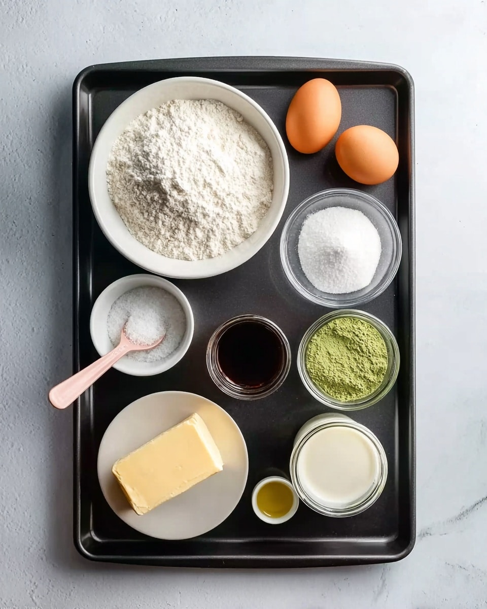 The image shows a black baking tray placed on a white marbled surface. On the tray, there is a white bowl filled with white flour positioned at the top left. To its right, two brown eggs rest side by side. Below the eggs, there is a small clear glass with a dark brown liquid inside. To the right of this glass, there is a small clear bowl containing white powder. Below the large white bowl of flour, there is a small solid block of yellow butter. Next to the butter on the left, a white bowl is filled with white granulated sugar. To the right of the sugar bowl, there is a small white bowl containing a yellow liquid, likely oil. Below these, a small glass jar filled with a white creamy substance is present. To the right of the jar, a small white bowl contains a green powder. A woman's hand holds a small pink spoon resting on the black tray near the sugar bowl. photo taken with an iphone --ar 4:5 --v 7
