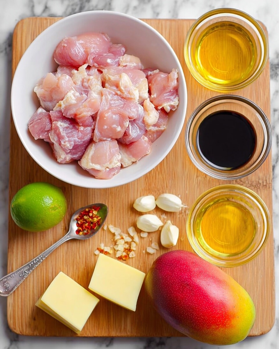 The image shows a white bowl filled with raw pink chicken pieces placed on a wooden board. To the right of the bowl, there are three small clear glass bowls, each filled with different liquids: a golden yellow one at the top, a dark brown one in the middle, and a light yellow one at the bottom. A whole ripe mango with red, yellow, and green skin sits near the glass bowls. Below the mango are two small yellow butter squares. On the left side of the board, a whole green lime is placed near a small metal spoon with red chili flakes and another small spoon next to it with minced garlic. Three whole peeled garlic cloves lie between the mango and the lime. The surface underneath is a white marbled texture. Photo taken with an iphone --ar 4:5 --v 7