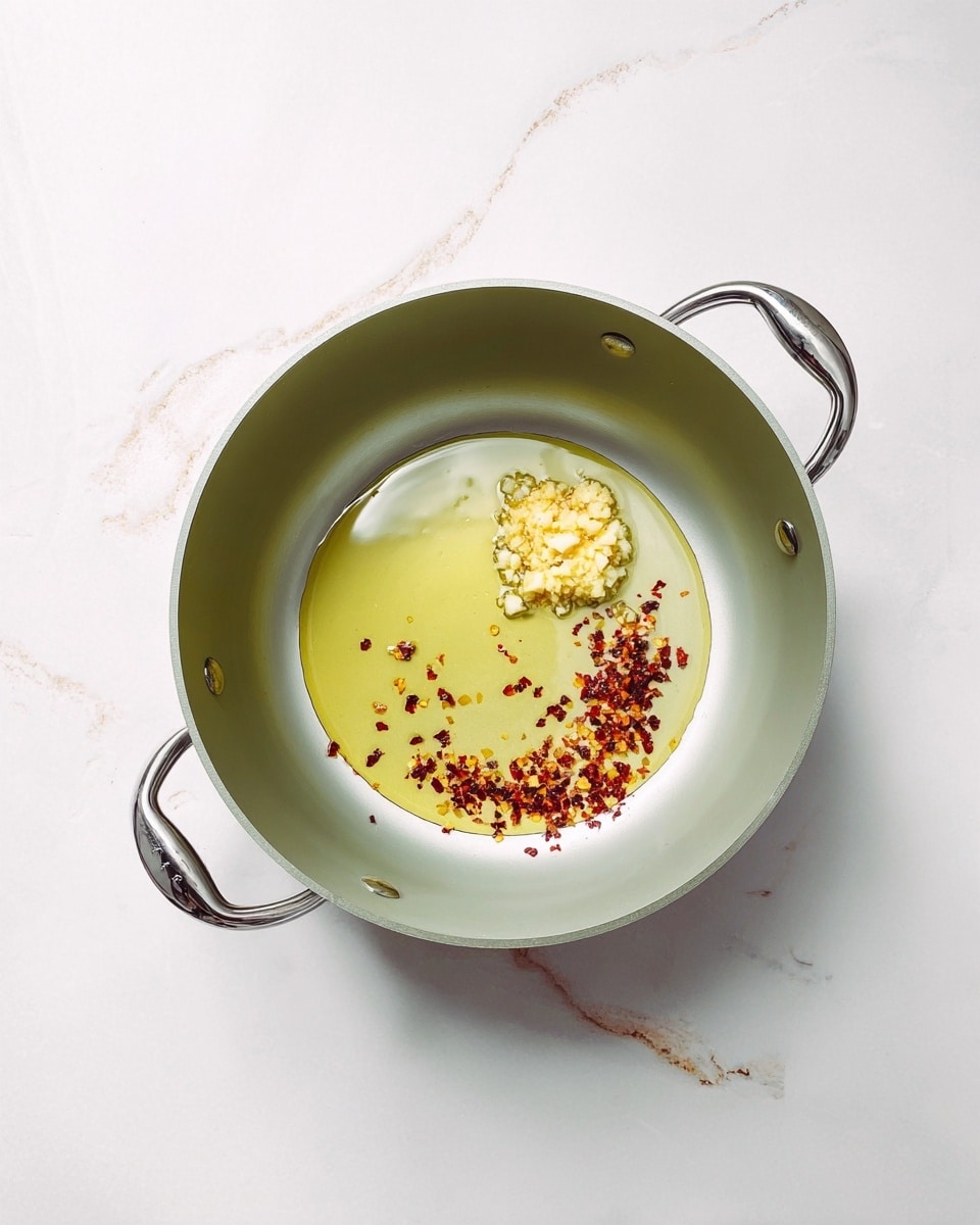 A gray cooking pot with silver handles contains three ingredients in its center: a light yellow oil puddle, a small mound of finely chopped or minced pale yellow garlic, and a small pile of red chili flakes with some scattered around. The pot rests on a white marbled surface. photo taken with an iphone --ar 4:5 --v 7