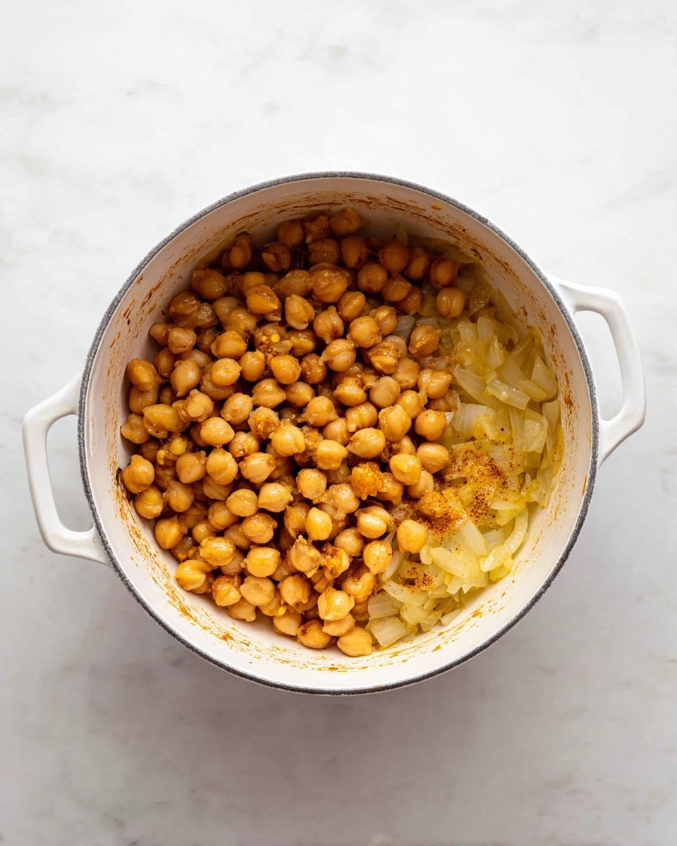 A white pot is shown from above on a white marbled surface. Inside the pot, the bottom layer consists of cooked, soft onions with a slightly golden-yellow color indicating seasoning or light frying. On top of the onions, there is a thick layer of whole cooked chickpeas with a warm beige color, covering more than half of the pot. The sides of the pot have some residue of the cooked onions and spices, adding texture and color contrast. Photo taken with an iphone --ar 4:5 --v 7