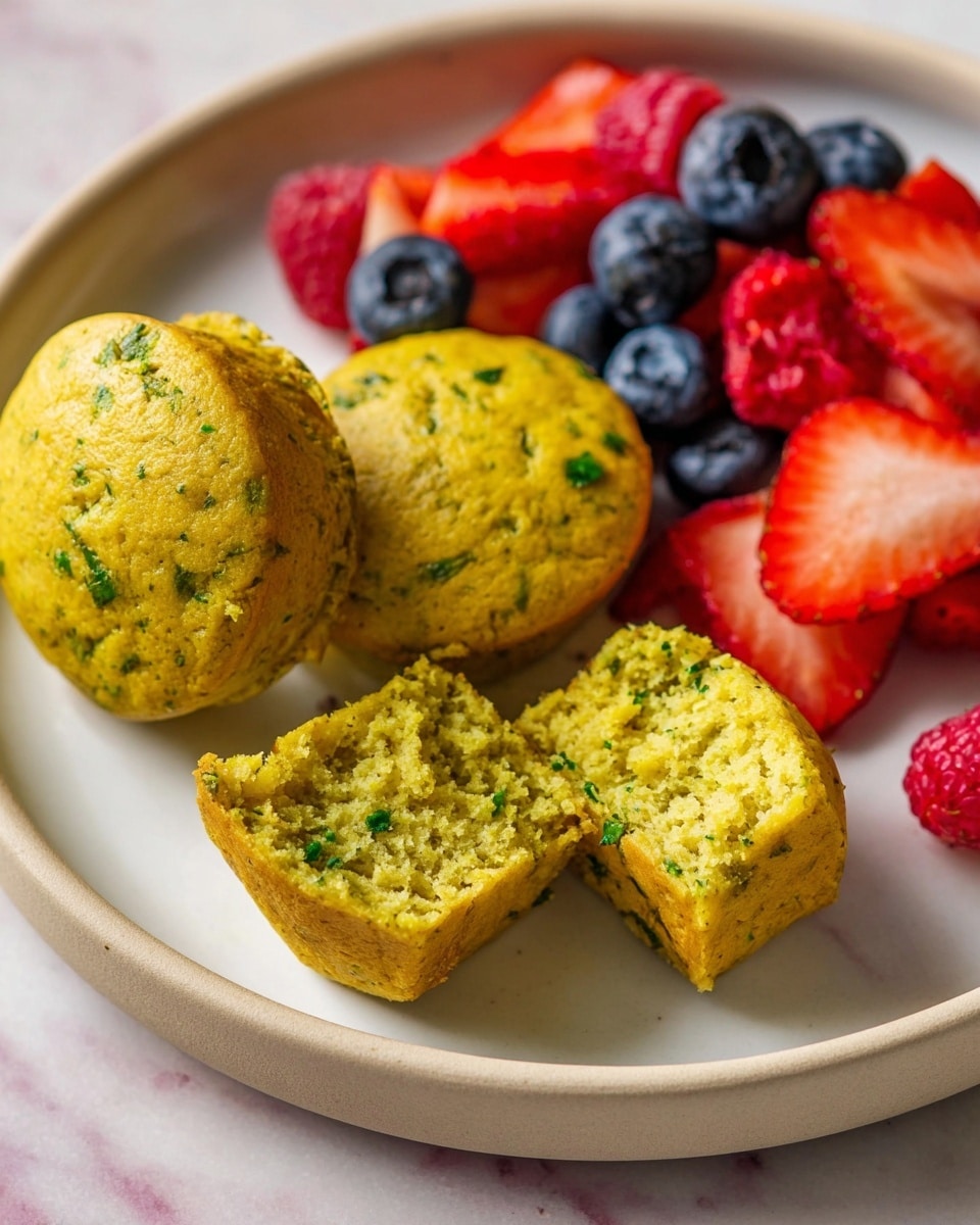 The image shows three small, round muffins with a yellow-green color and specks of green herbs visible throughout. One muffin is cut in half, revealing a soft, crumbly inside with the same yellow-green color and herb bits. Beside the muffins is a colorful mix of fresh fruits, including sliced strawberries with their red outside and white inside, whole blueberries that are deep blue, and small red raspberries. All the items are placed on a white plate with a smooth surface, set on a white marbled texture background. photo taken with an iphone --ar 4:5 --v 7