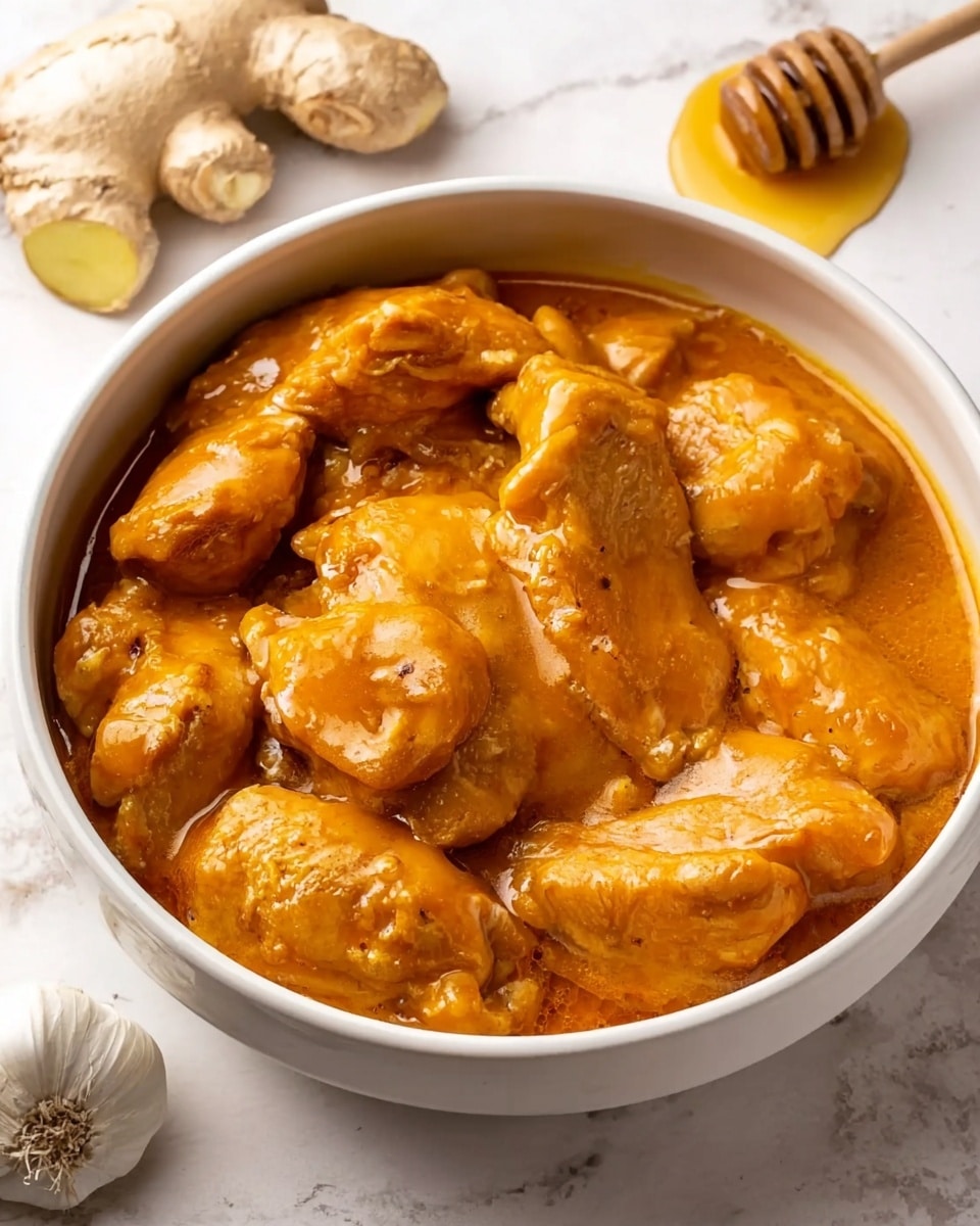 A white bowl filled with several pieces of chicken covered in a thick, shiny orange sauce. The chicken pieces vary in size and shape, sitting closely together in the rich, smooth sauce that coats each piece fully. Around the bowl, there are some ingredients visible on the white marbled surface, including a piece of fresh ginger, a bulb of garlic, and a small container of honey with a honey dipper. The lighting highlights the glossy texture of the sauce and the softness of the chicken pieces. Photo taken with an iphone --ar 4:5 --v 7