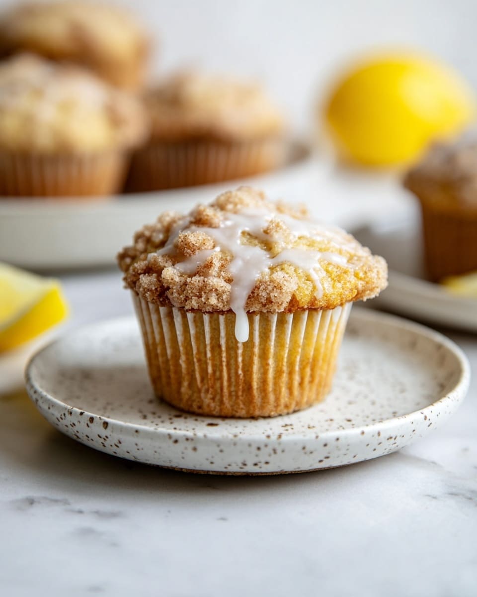 A single muffin sits centered on a white plate with tiny brown speckles, showcasing a golden-brown crumbly texture topped with a light drizzle of white icing that drips slightly down the sides. The muffin liner is light beige with faint vertical ridges, highlighting the soft, moist interior visible near the base. In the background, blurred muffins and some yellow lemon halves add depth, all placed on a white marbled surface. The lighting is soft and natural, focusing on the front muffin with a shallow depth of field. photo taken with an iphone --ar 4:5 --v 7