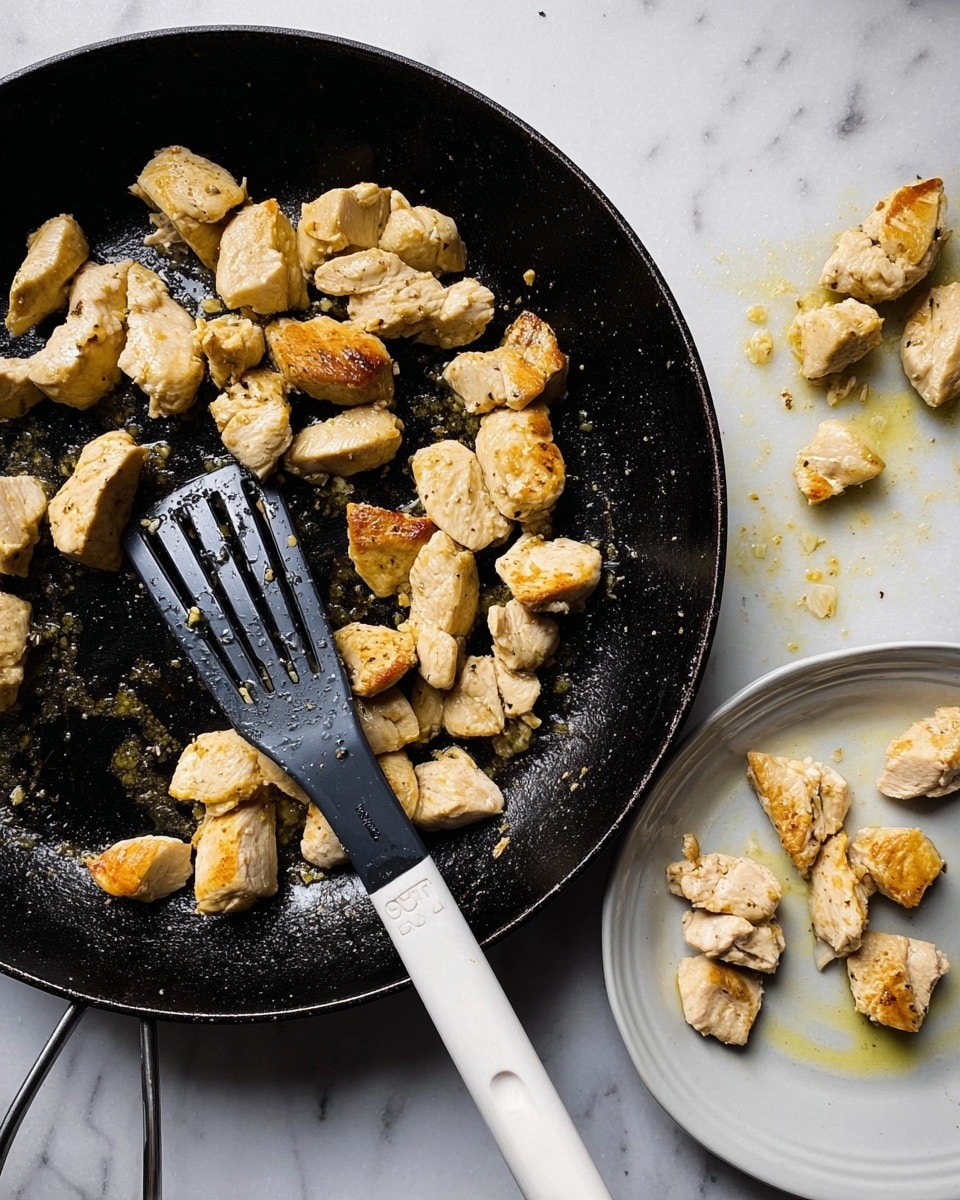 Pieces of cooked light golden chicken sit in a black cast iron skillet with a shiny surface, scattered around a black spatula with a white handle resting inside the pan. To the right, chunks of the same chicken lie on a white plate with subtle ridges, showing some oil stains. The scene is set on a white marbled surface. photo taken with an iphone --ar 4:5 --v 7