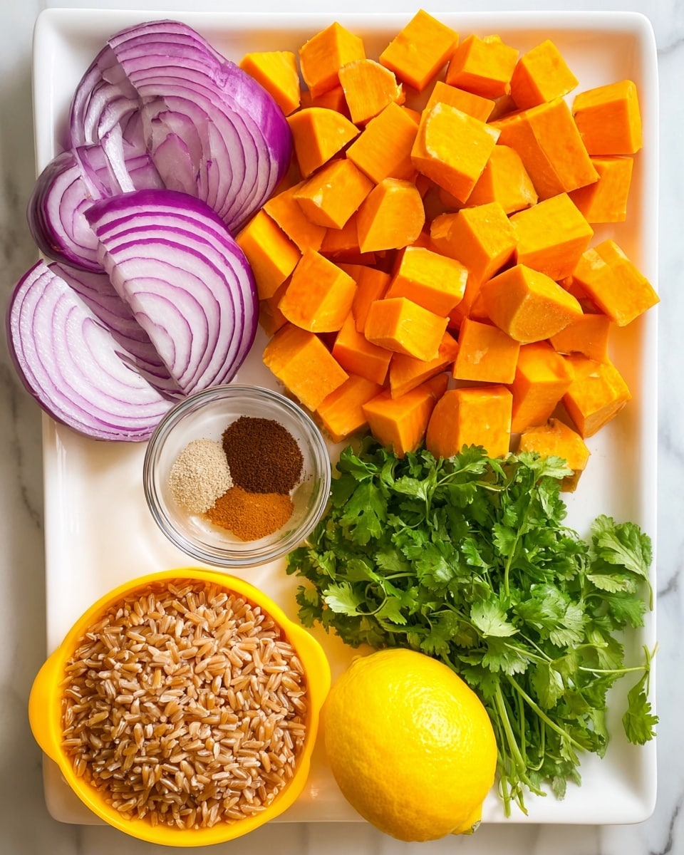 The image shows a white dish with several items arranged neatly. On the top half there are many bright orange chunks of sweet potato. To the left, a few layers of purple red onion slices are fanned out. Near the center is a small clear bowl holding three different brown powders of spices. Below that, fresh green cilantro leaves lie in a small pile. To the right side, a whole yellow lemon sits near the cilantro. At the bottom left, a bright yellow measuring cup filled with brown rice rests in the dish. All this is set on a white marbled surface. Photo taken with an iphone --ar 4:5 --v 7