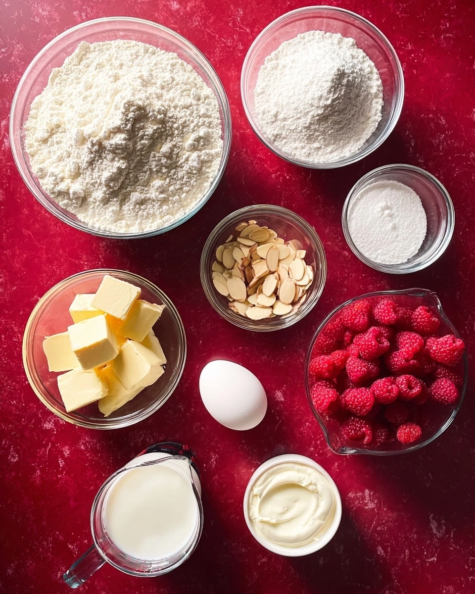 The image shows a red surface with various clear glass bowls and containers arranged neatly. There is a large round bowl filled with white flour at the top left. To its right, there is a small bowl of white powder (likely baking powder and baking soda). Below the flour bowl, there is a small bowl with chunks of yellow butter and next to it, a bowl of raspberries bringing a rich red color to the scene. Beside the raspberries, a small container holds sliced almonds. In the bottom center, there is a white egg sitting on the surface, next to a small bowl of white yogurt or cream. To the left of the egg, a bowl with white sugar can be seen, and below it, a glass measuring cup filled with milk. A very small container with a dark liquid, probably vanilla extract, is placed near the milk. The overall look is clean and bright with a white marbled texture replaced on the surface. photo taken with an iphone --ar 4:5 --v 7