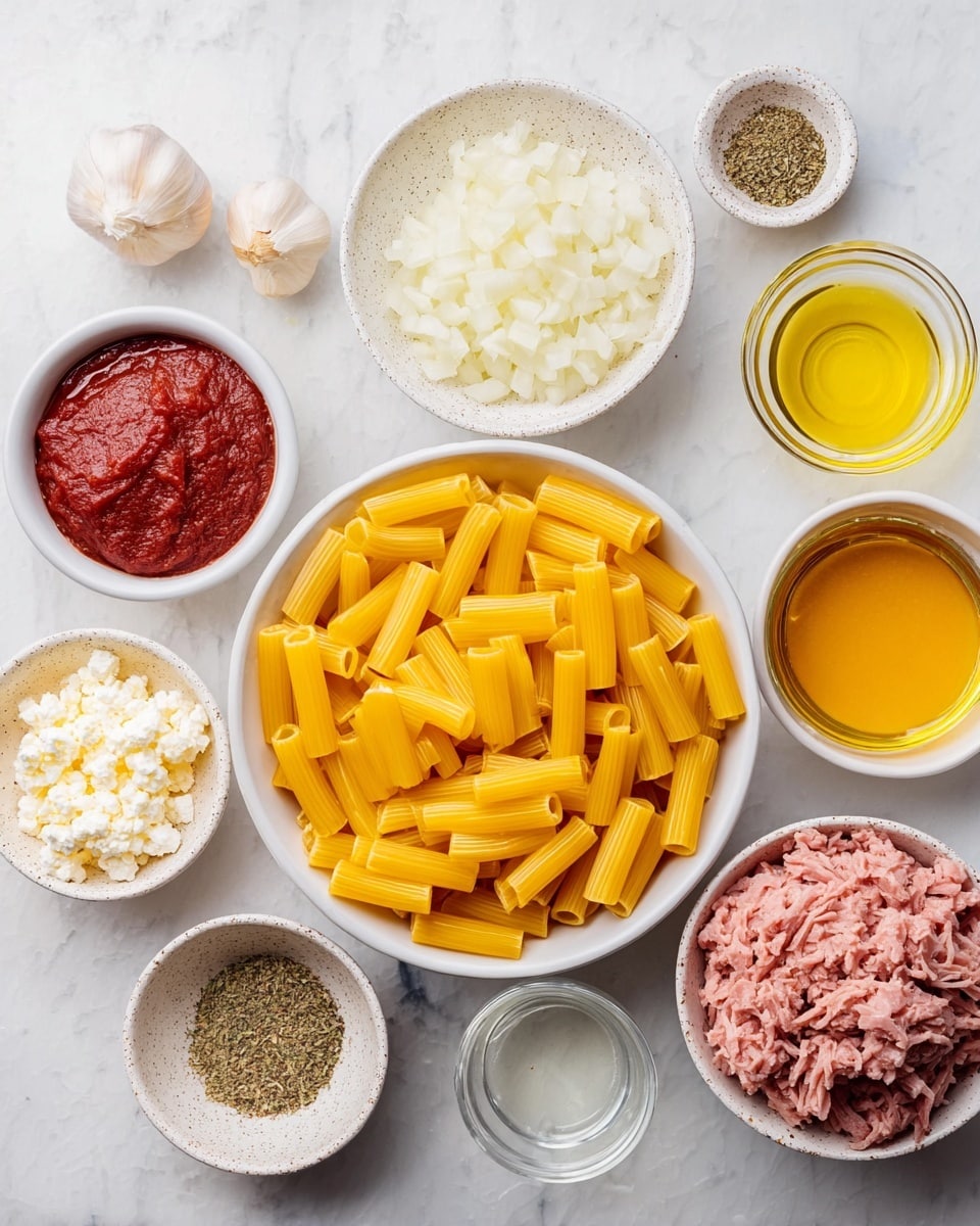 A top view of cooking ingredients arranged neatly on a white marbled surface. In the center is a white bowl filled with uncooked yellow pasta tubes. Surrounding it are smaller white bowls: one with finely chopped white onions, another with a thick red tomato paste, a third with a yellow liquid that looks like broth or oil, and a fourth with a pink shredded meat. There is also a speckled white bowl with cottage cheese, a small bowl of grated cheese, a glass bowl holding three garlic cloves, another small glass bowl with clear oil, a white container with a white liquid, and a small white dish holding mixed dry herbs and spices. Everything is well spaced and clearly visible. Photo taken with an iphone --ar 4:5 --v 7
