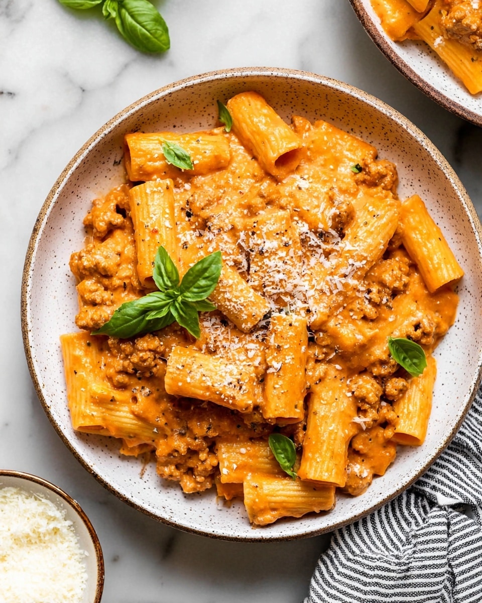 The dish shows a white speckled bowl filled with rigatoni pasta coated in a thick orange creamy sauce mixed with small pieces of brown textured meat. On top of the pasta are light sprinkles of grated cheese and several small fresh green basil leaves scattered around. The bowl sits on a white marbled surface with a glimpse of a white speckled small bowl filled with grated cheese and a grey and white striped cloth nearby. Another similar bowl with pasta is partially visible at the top right corner. Photo taken with an iphone --ar 4:5 --v 7