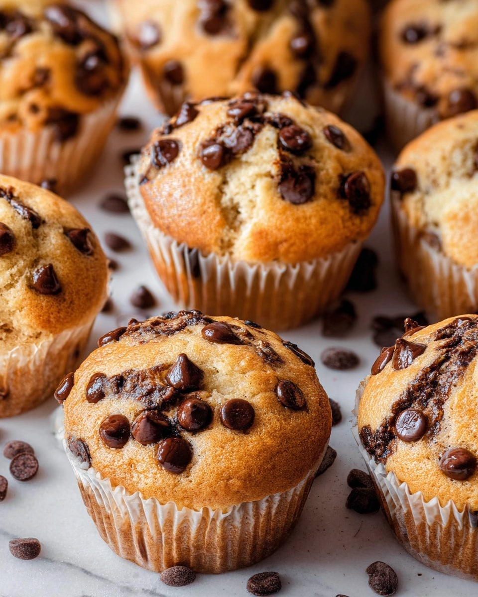A close-up view of several soft, golden-brown muffins filled and topped with shiny dark chocolate chips, each muffin wrapped in white paper liners. The muffins are loosely packed over a white marbled surface with extra chocolate chips scattered around them, showing a textured top that is slightly cracked with visible melty chocolate spots. The overall colors are warm beige and chocolate brown, highlighting the soft, fluffy texture of each muffin. photo taken with an iphone --ar 4:5 --v 7
