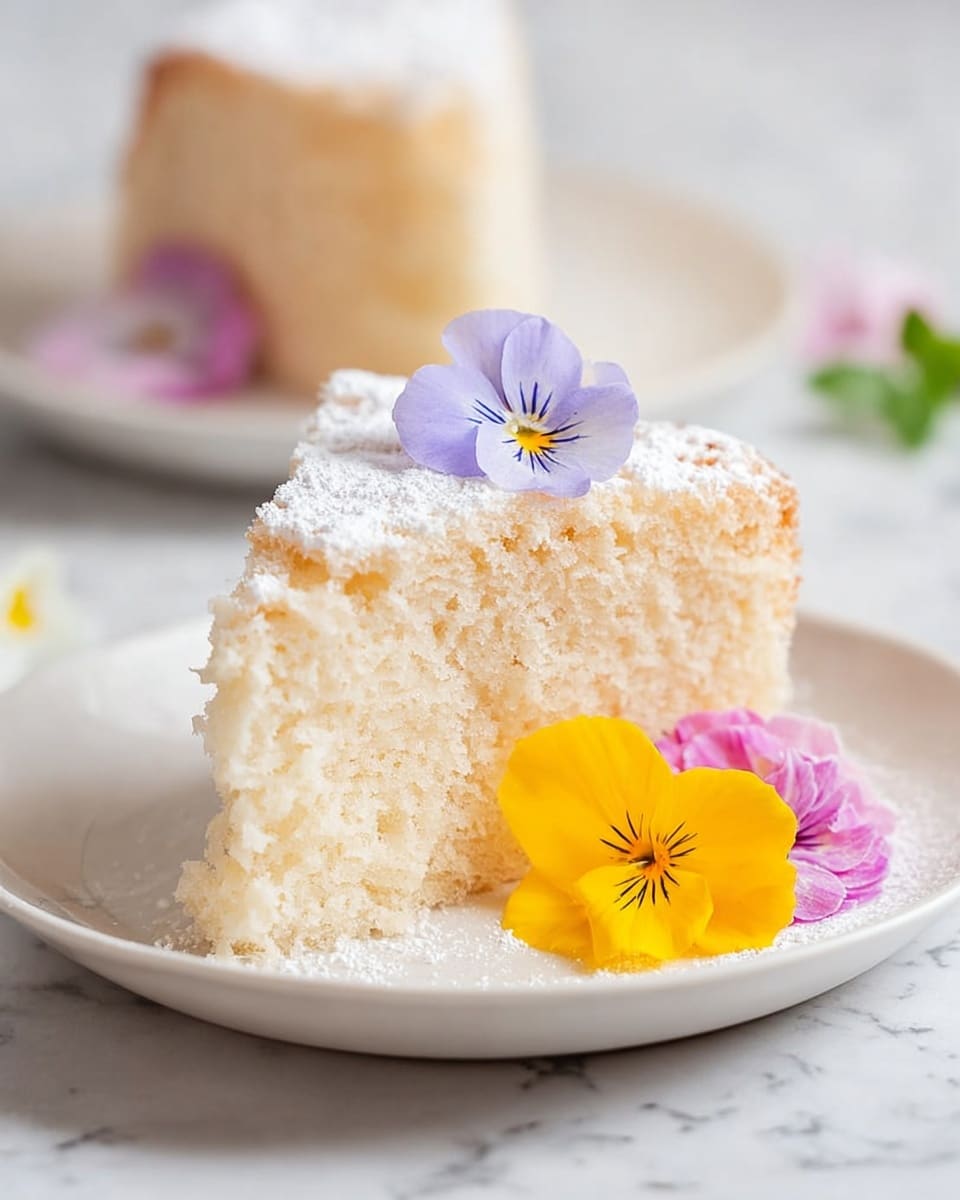 The image shows a single slice of light, fluffy cake on a white plate placed on a white marbled surface. The cake is pale beige in color, with a soft and airy texture visible inside. There is a light dusting of white powdered sugar on top of the slice. On the top edge of the cake slice, there is a delicate light purple flower, and at the base on the plate, there are two more edible flowers – one bright yellow and one purple with pink shades. In the background, there is another similar slice of the cake on a white plate, slightly out of focus. photo taken with an iphone --ar 4:5 --v 7