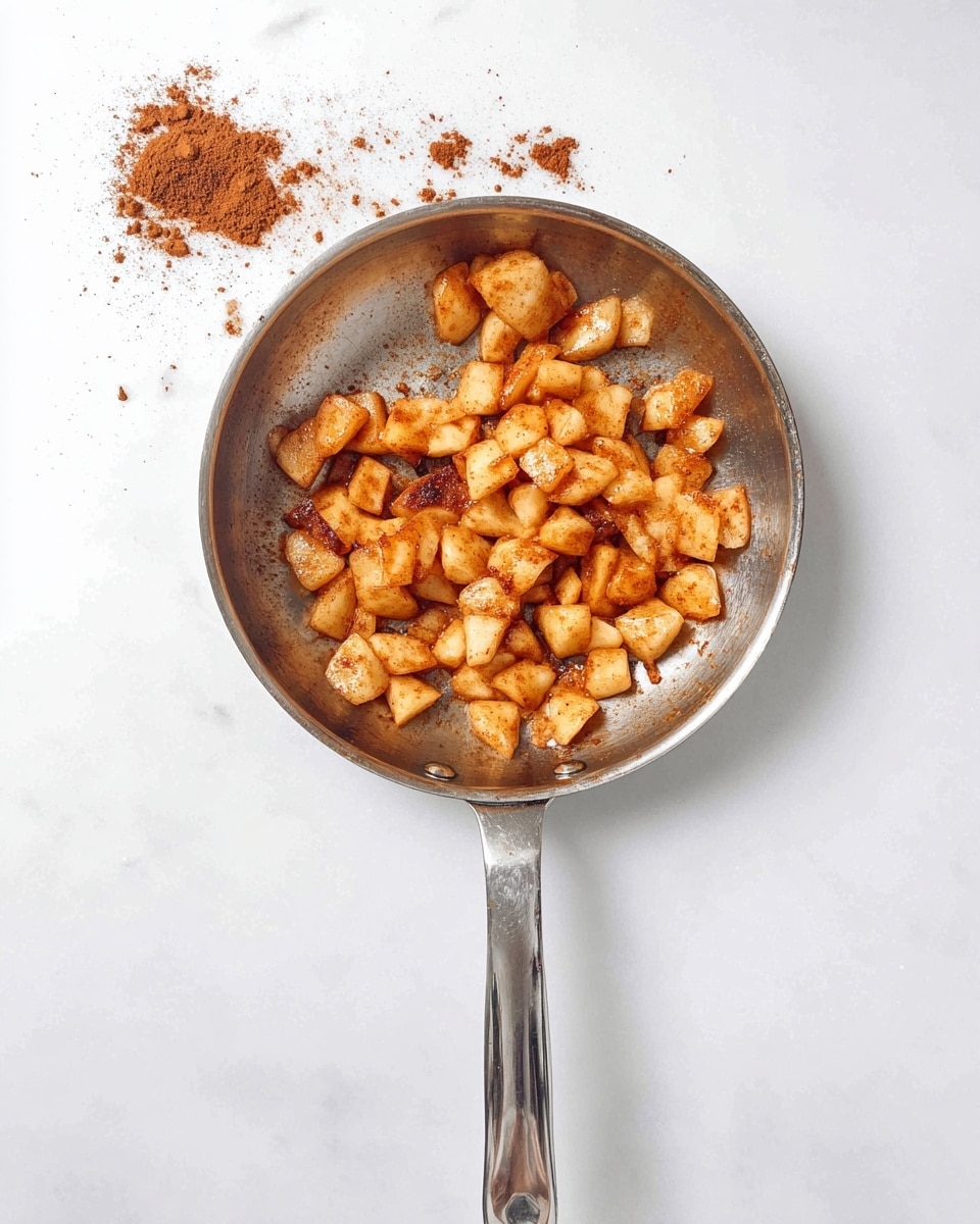 A silver metal pan with a long handle holds cooked small pieces of apples that are light golden brown with a mix of soft texture and tiny bits of darker cinnamon spices sprinkled unevenly over them. The apples look warm and slightly soft, sitting mainly on one side of the pan, with a small pile of cinnamon powder and a few crumbs scattered around on the white marbled surface underneath. The top-down view shows the smooth metal shine inside the pan contrasting with the warm color of the apples. photo taken with an iphone --ar 4:5 --v 7