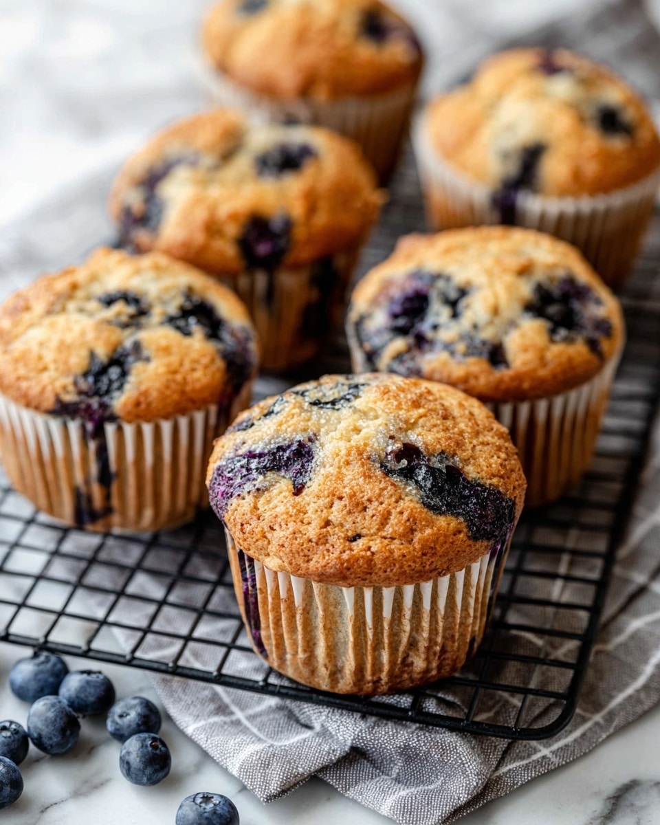 A close-up view of six blueberry muffins arranged on a black cooling rack, each muffin showing a golden brown top with visible baked blueberries creating deep purple and dark spots across the surface. The muffins rest on white paper liners that have subtle brown baking marks. A soft gray and white checkered cloth is underneath the rack, and scattered fresh blueberries are seen in the background on a white marbled surface. The focus highlights the texture of the muffins' tops with slight cracks and a fluffy appearance photo taken with an iphone --ar 4:5 --v 7
