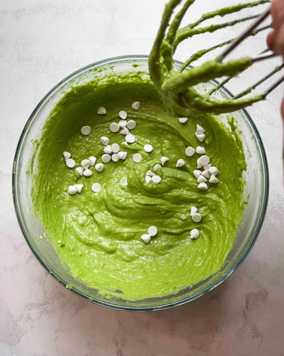 A clear glass bowl filled with thick, smooth, bright green batter that is being mixed, with white chips falling into it from above, some chips already resting on the surface of the batter, while a woman's hand holds a mixer with some of the green batter clinging to the beaters. The bowl sits on a white marbled textured surface. Photo taken with an iphone --ar 4:5 --v 7