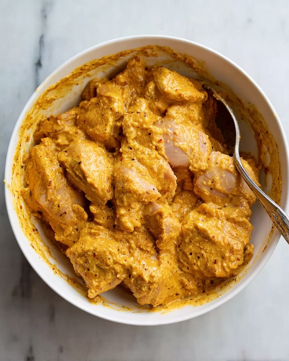 A white bowl filled with several pieces of raw chicken mixed and covered in a thick, orange-yellow spice sauce, giving it a creamy texture. The chicken pieces are uneven in size, and the sauce clings to each piece with visible specks of spices. A silver spoon is partially buried in the mixture, resting at the side inside the bowl. The bowl sits on a white marbled surface. Photo taken with an iphone --ar 4:5 --v 7
