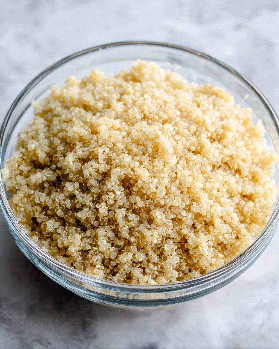 A clear glass bowl filled with one single layer of cooked quinoa that looks fluffy and light yellow with some tiny white and translucent bits, showing a soft and slightly grainy texture, placed on a white marbled surface. photo taken with an iphone --ar 4:5 --v 7