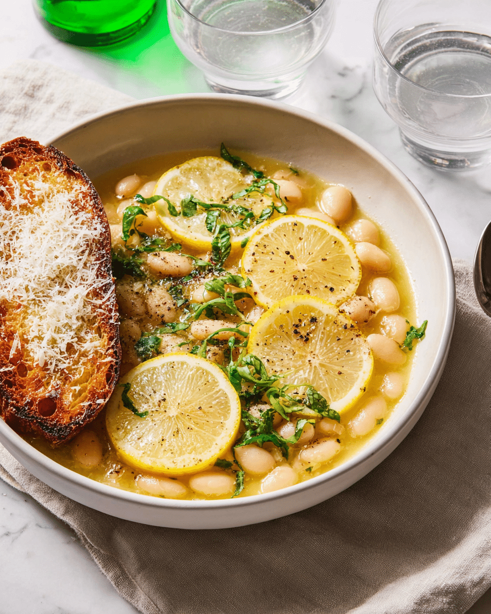 A white bowl filled with soft white beans in a light yellow broth, topped with two thin lemon slices placed on top right and bottom right, sprinkled with fresh green herbs and black pepper. A thick slice of toasted bread with a golden brown crispy surface and some grated white cheese sits on the left side of the bowl. The bowl is placed on a light beige cloth on a white marbled surface. In the background, there are two clear glasses with water and a green bottle. photo taken with an iphone --ar 4:5 --v 7
