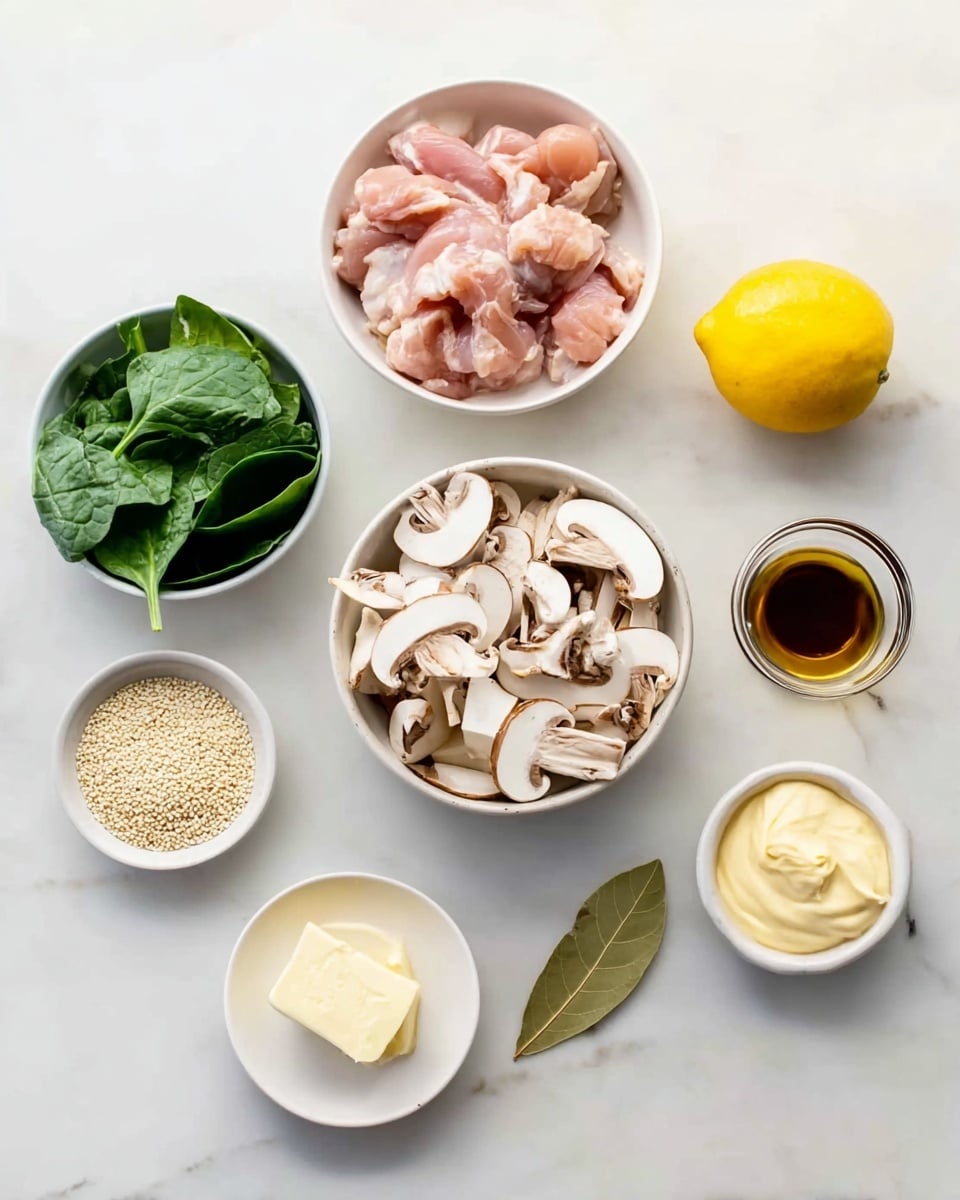 The image shows several small white bowls and plates arranged on a white marbled surface. At the top left, there is a white bowl filled with raw, pink pieces of chicken thigh. To the right, there is a whole yellow lemon placed directly on the surface. Below that, there is a small white bowl with bright green spinach leaves. In the center, a white bowl is filled with sliced white and brown mushrooms, showing their soft texture. Next to it, another white container holds creamy light yellow mayonnaise. Below the mushrooms, a small white plate contains a piece of pale butter. To the left, a white bowl holds a pile of light beige sesame seeds, and next to it, a small white plate has a single bay leaf. Between the chicken and mushroom bowls, there is a small glass cup filled with a dark amber liquid, likely sauce or vinegar. Everything is neatly spaced with a clean and fresh look, photo taken with an iphone --ar 4:5 --v 7