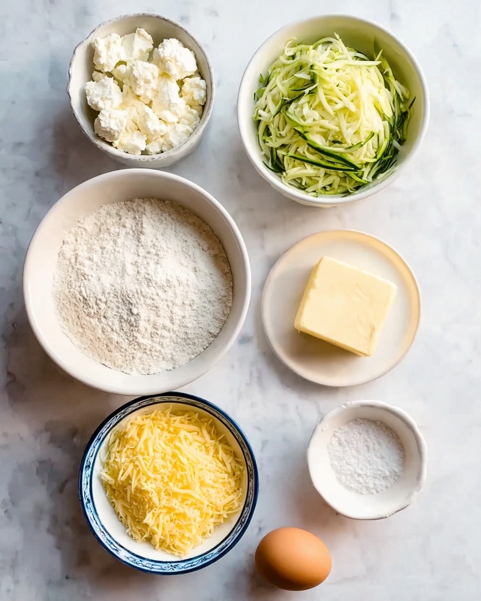 The image shows six separate white bowls and a brown egg placed on a white marbled surface. One large white bowl at the bottom contains a layer of white flour with a soft, powdery texture. A smaller white bowl to the right has a small pile of fine white powder, likely baking powder or salt. On the top right, a white bowl contains shredded green zucchini with thin, soft, and moist strands. The top left white bowl holds white clumps of cottage cheese with a creamy texture. Below that, a white bowl with a blue rim is filled with bright yellow shredded cheddar cheese with a firm, thin texture. Above everything, there is a small white plate with a solid cube of pale yellow butter. A whole brown egg is placed near the bottom right corner on the white marbled surface. photo taken with an iphone --ar 4:5 --v 7