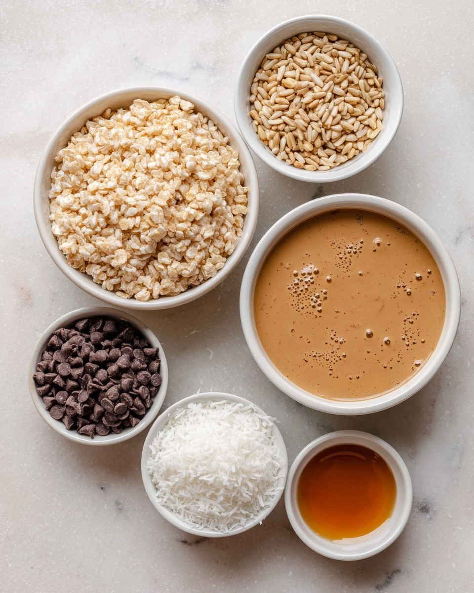 The image shows five white bowls of different sizes placed on a white marbled surface. The largest bowl at the bottom left holds a light beige crispy puffed rice layer with a rough texture. To the right of it is a medium bowl filled with a smooth light brown peanut butter layer with small bubbles on the surface. Above this is a smaller bowl filled with light brown sunflower seeds with a slightly shiny texture. Below and to the left of the peanut butter is a small white bowl with dark brown mini chocolate chips that have a matte finish. At the bottom center is a small shallow white bowl filled with shredded white coconut, which has a soft and fluffy texture. To the bottom right is a tiny white bowl containing a shiny amber-colored syrup. photo taken with an iphone --ar 4:5 --v 7