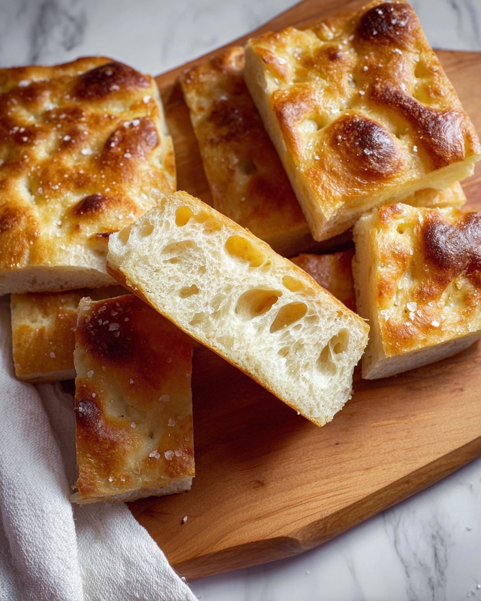 The image shows several pieces of focaccia bread on a wooden board with a smooth light brown wood grain and rounded corners. The focaccia has a golden brown crust with irregular darker brown spots and is sprinkled with coarse salt crystals. One piece is held at an angle, showing a soft, pale cream inside with many large air holes and a porous texture. The bread pieces are uneven in shape with some thickness variation. The scene is viewed from above with part of a white cloth visible in the corner, all set against a white marbled surface. photo taken with an iphone --ar 4:5 --v 7
