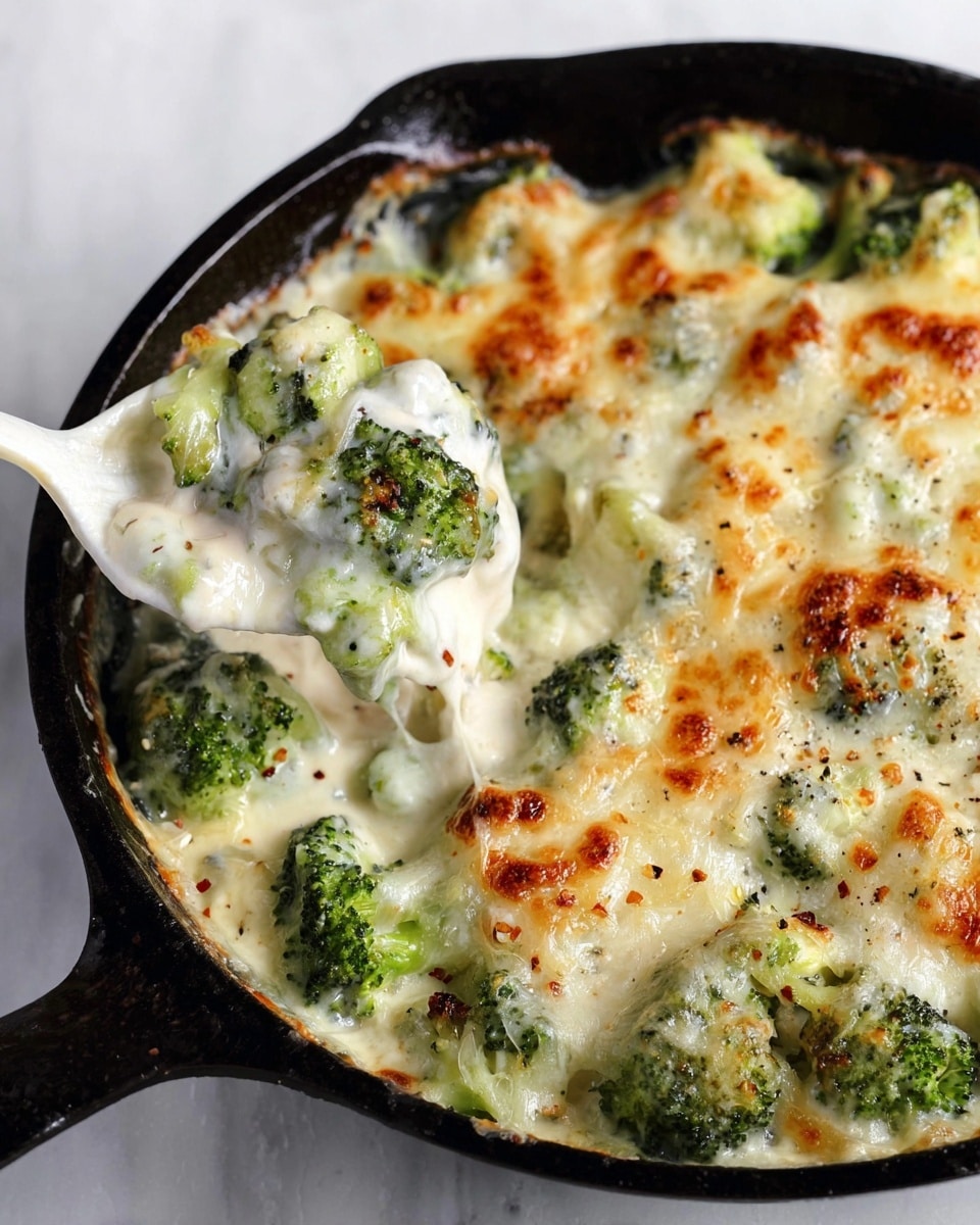 A black cast iron pan holds a creamy broccoli cheese dish with three main layers visible: the bright green broccoli florets scattered evenly, thick white melted cheese covering the top with lightly browned spots for a golden finish, and a smooth creamy sauce underneath that coats the broccoli. The pan rests on a white marbled surface. A white spoon lifts a portion from the bottom left corner, showing a thick cheese sauce texture. The cheese surface is speckled with black pepper and some red chili flakes for color contrast. Photo taken with an iphone --ar 4:5 --v 7