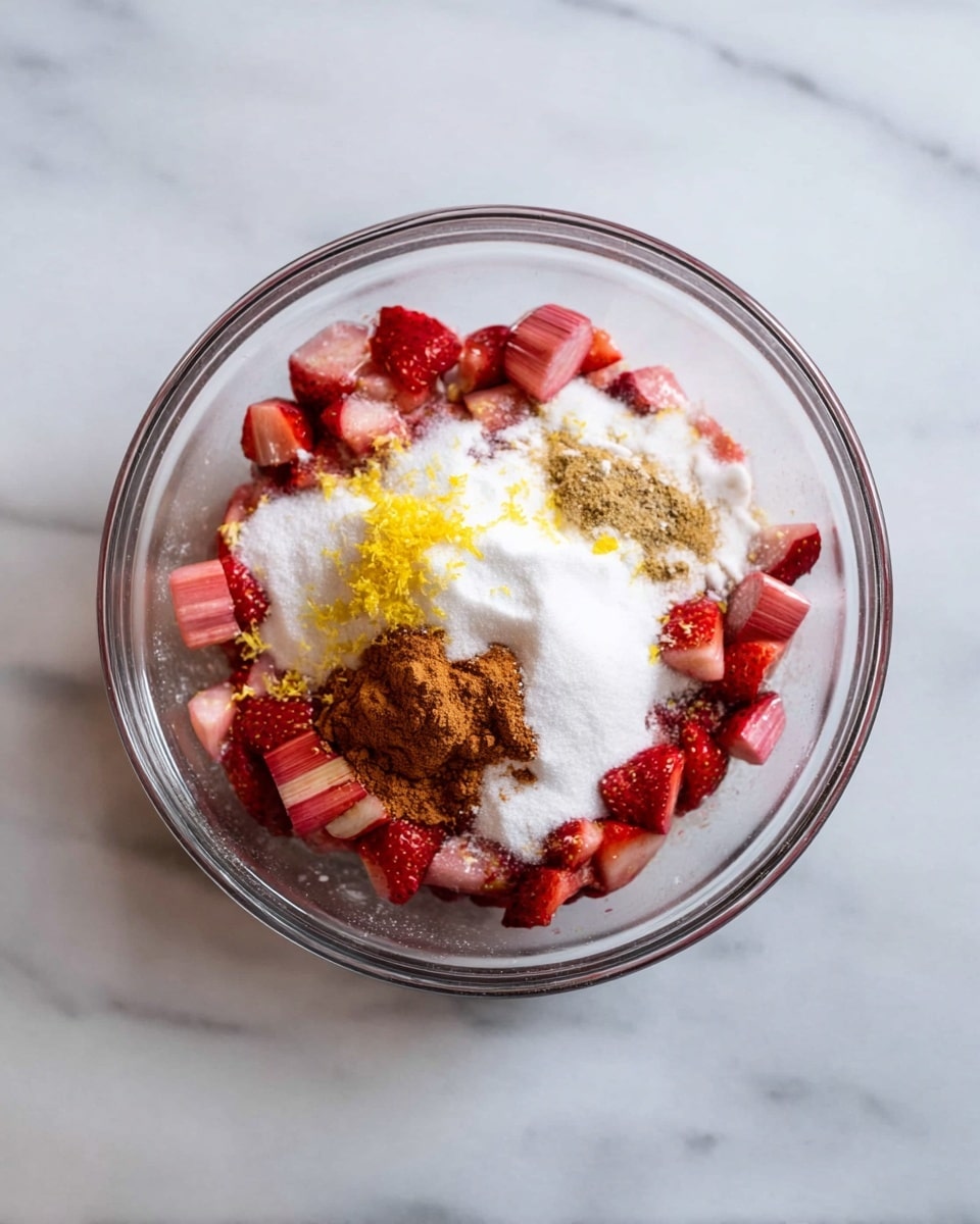 A clear glass bowl sits on a white marbled surface filled with layers of ingredients before mixing. At the base are small, bright red strawberry pieces and small pink rhubarb chunks arranged mostly around the edge. On top, there is a thick layer of white sugar covering some of the fruit. To one side on the sugar is a small mound of light brown cinnamon powder. Near the cinnamon is a small pile of white flour, and next to that is a bright yellow lemon zest scattered lightly over the sugar. The colors are fresh and bright, with the reds of the fruit contrasting with the white sugar and flour. photo taken with an iphone --ar 4:5 --v 7