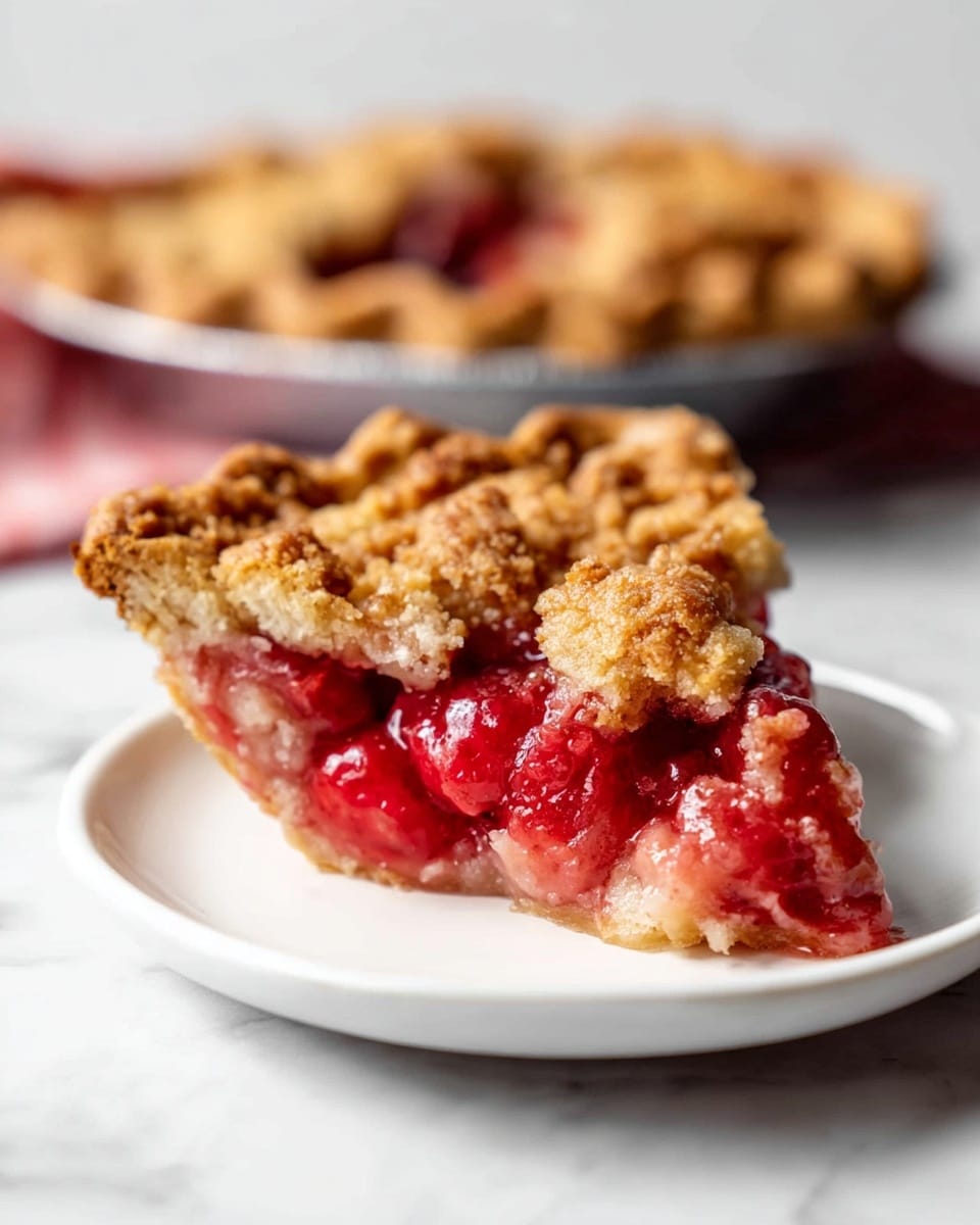 A close-up of a single slice of fruit pie on a white plate shows a golden-brown crust with a rough, crumbly texture, layered on top and around the sides, forming one thick layer. Inside, the filling is a bright red mix of glossy, soft fruit chunks with a juicy, slightly sticky look. In the background, the full pie with a similar crust is visible in a metal pie dish, slightly out of focus, all placed on a white marbled surface. photo taken with an iphone --ar 4:5 --v 7