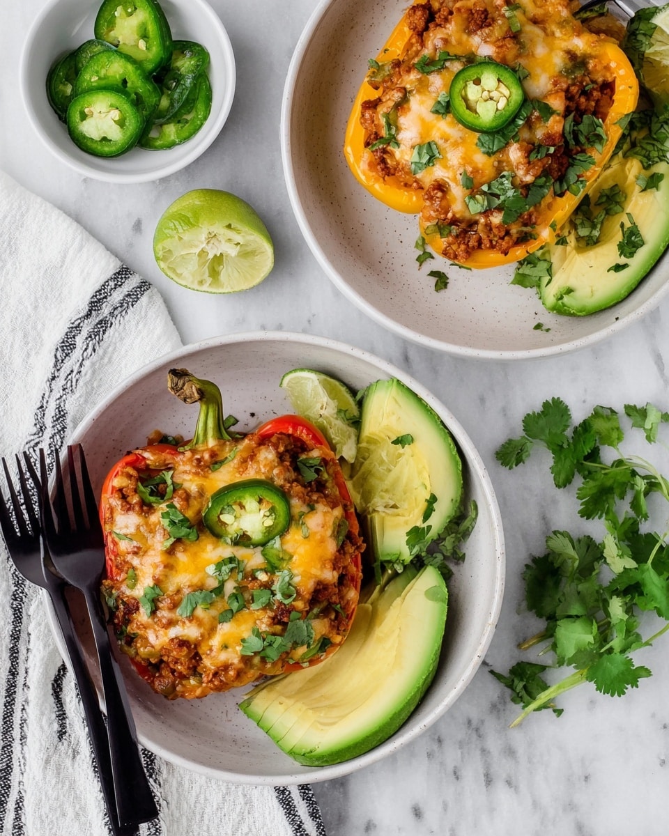 The image shows two white bowls on a white marbled surface, each with stuffed bell peppers. Each pepper is sliced in half and filled with a mixture of ground meat and sauce, topped with melted cheese and slices of green jalapeño, sprinkled with chopped cilantro. One bowl also has slices of green avocado and more cilantro leaves on the side. Nearby, there is half a lime, a wedge of lime, and some fresh cilantro sprigs. A white cloth with black stripes is placed near the bottom left, and two black forks rest beside the bowls. Photo taken with an iphone --ar 4:5 --v 7