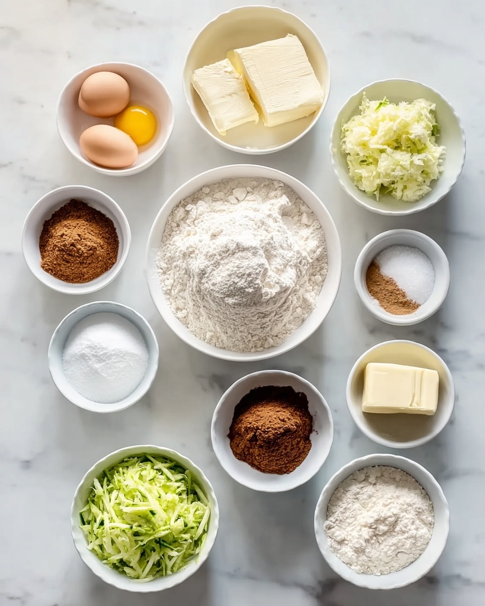 The image shows eleven small white bowls arranged on a white marbled surface, each containing different baking ingredients. In the center, there is a bowl filled with white flour. Surrounding it are bowls with two cracked eggs, cream cheese, softened butter, shredded green zucchini, brown sugar, powdered sugar, salt, baking soda, cocoa powder, and coffee grounds. The ingredients have different textures: powdery flour and sugars, smooth cream cheese and butter, fluffy shredded zucchini, and liquid eggs. photo taken with an iphone --ar 4:5 --v 7