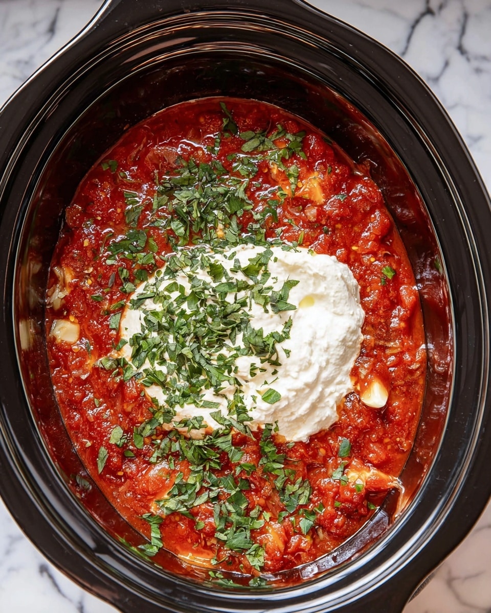 The dish shows a close-up top view inside a black slow cooker filled with layers of rich red tomato sauce mixed with chopped tomatoes and pieces of garlic. On top of this base, there is a large dollop of smooth white cream cheese placed in the center. Fresh green herbs are sprinkled generously over the sauce and cream cheese, adding a vibrant touch. The overall mix of the red sauce, white cream cheese, and green herbs creates a colorful and textured look. The surface beneath the cooker has a white marbled texture. Photo taken with an iphone --ar 4:5 --v 7