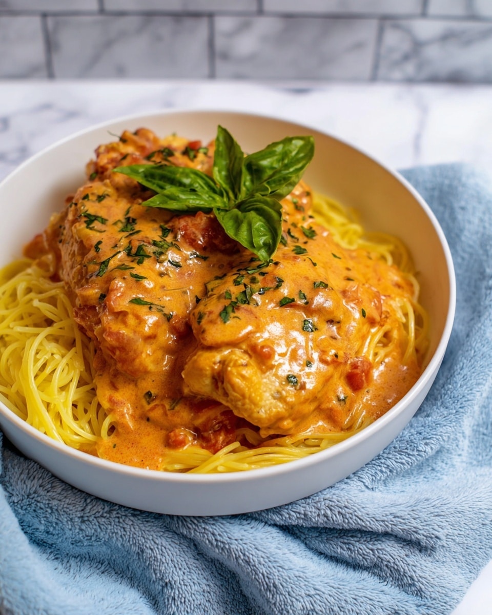 A white bowl holds a serving of yellow spaghetti noodles as the bottom layer, topped by two large pieces of chicken covered in a thick, creamy orange sauce with bits of herbs and small pieces of tomato mixed in. The sauce is sprinkled with finely chopped green herbs, and a fresh green basil leaf sits on top as garnish. The bowl is placed on a soft-textured blue cloth, and the background shows a white marbled surface and a white tiled wall. photo taken with an iphone --ar 4:5 --v 7