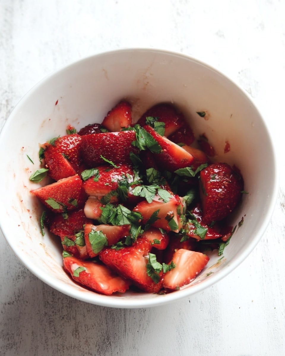A white bowl filled with sliced strawberries and chopped green herbs mixed together, the strawberries bright red with a fresh, juicy texture and the herbs adding a pop of green on top. The bowl sits on a white marbled surface, with natural light softly illuminating the fruit and creating subtle shadows. photo taken with an iphone --ar 4:5 --v 7