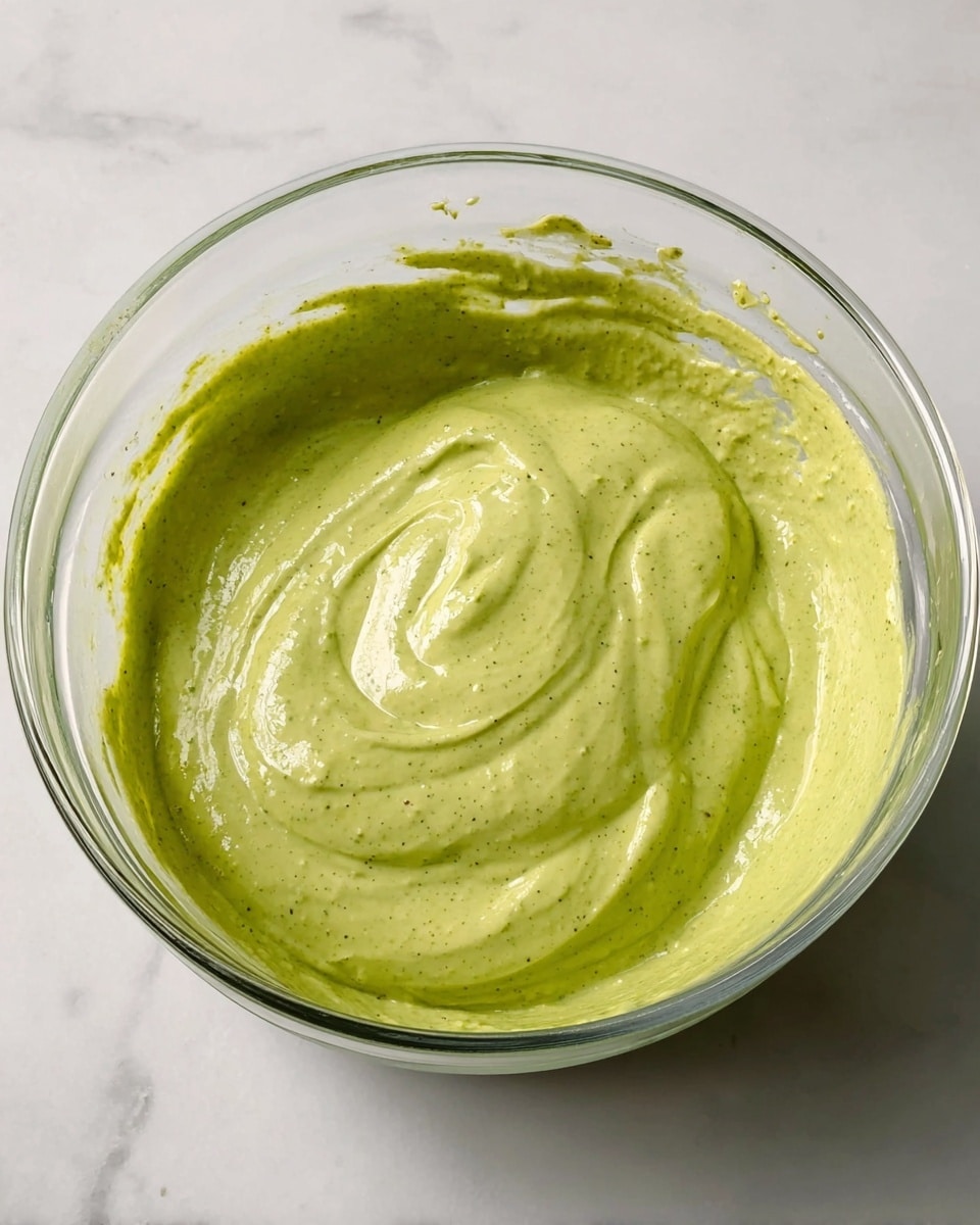 A clear glass bowl filled with smooth, thick green batter that has a slightly speckled texture showing bits of herbs or spices. The batter swirls create soft peaks and curves across the surface, giving a creamy and rich look. The bowl sits on a white marbled textured surface, and some batter is lightly smeared on the inside upper rim of the bowl. photo taken with an iphone --ar 4:5 --v 7