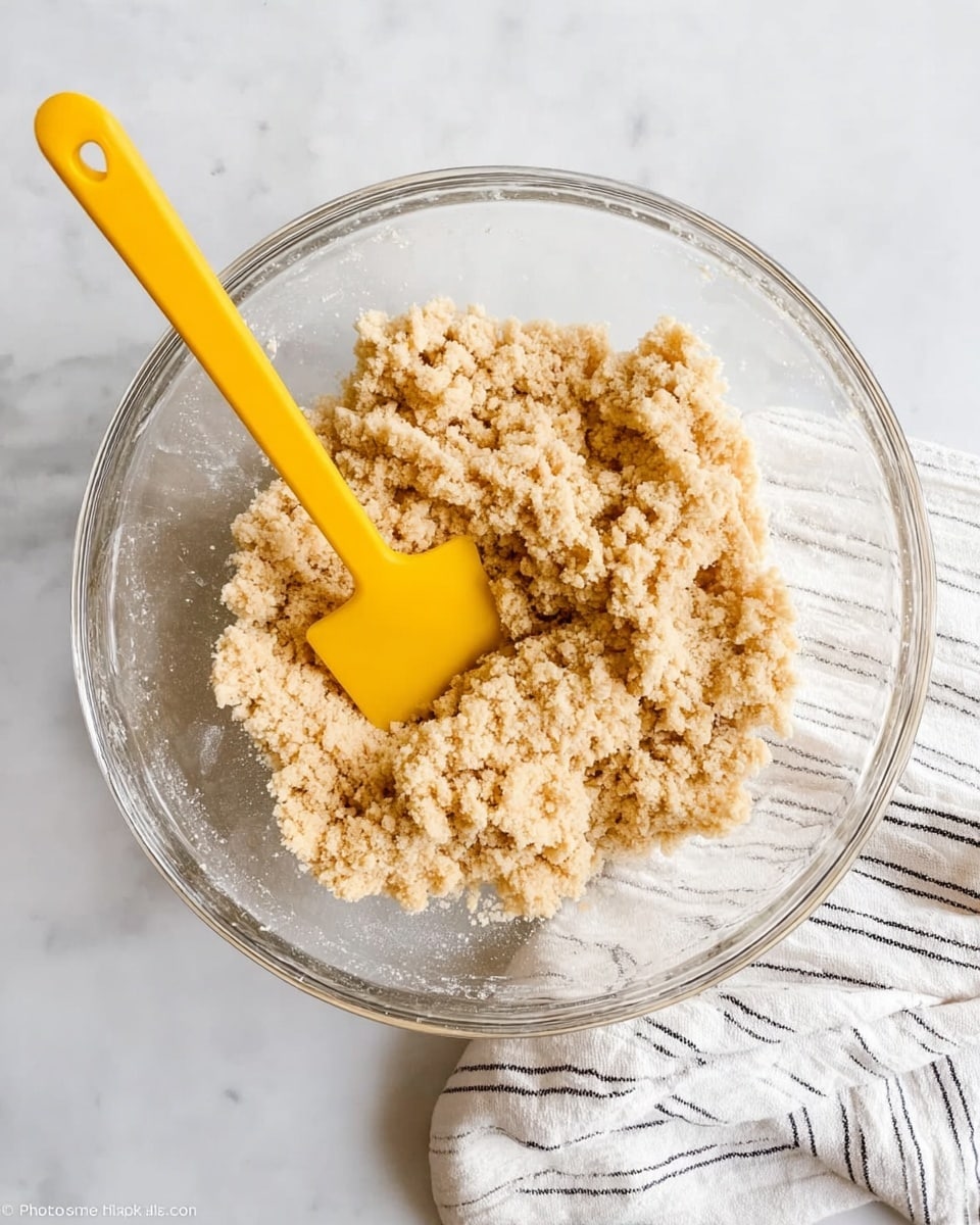A clear glass bowl is filled with light beige crumbly dough that looks dry and rough in texture. A bright yellow spatula sits inside the bowl, partially buried in the dough. The bowl is placed on a white marbled surface, next to a white cloth with thin black stripes. The overall look is simple and clean with soft natural light coming from above. photo taken with an iphone --ar 4:5 --v 7