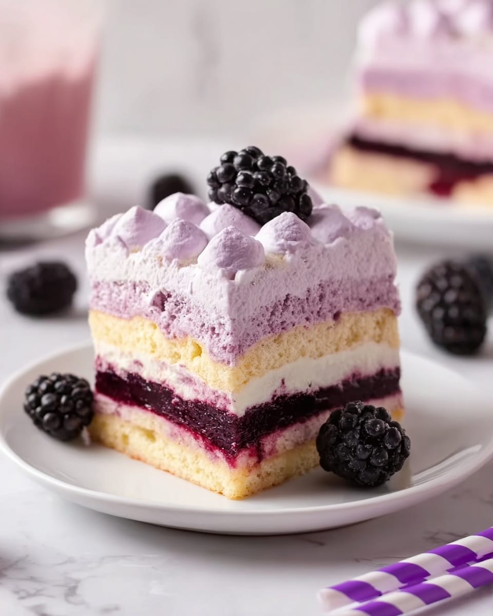 A square piece of cake on a white plate shows three layers: the bottom layer is dark purple with a jelly-like texture, the middle layer is pale yellow sponge cake, and the top layer is light purple cream with soft, rounded peaks on top. The middle layer also has visible purple jelly spread in between. Two fresh blackberries sit next to the cake on the plate, and the white marbled surface underneath has more blackberries and a purple-striped straw nearby. The image is bright with soft focus on the cake. Photo taken with an iphone --ar 4:5 --v 7