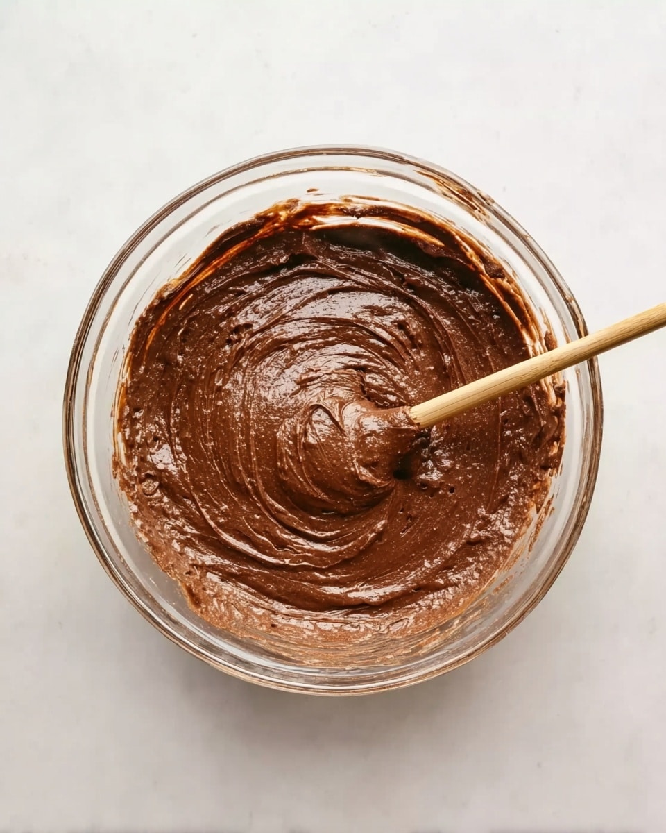 A clear glass bowl sits on a white marbled surface, filled with thick, smooth chocolate batter that has a glossy texture. The batter forms soft swirls with visible mix marks, showing a rich, deep brown color. A thin, light wooden spoon rests inside the bowl, partially covered with the batter, and the spoon's handle extends out towards the bowl's edge. The scene is simple, focused on the thick chocolate mixture and the clear bowl. Photo taken with an iphone --ar 4:5 --v 7