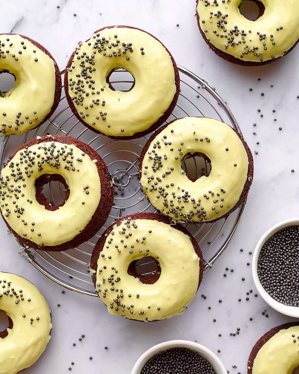 The image shows several round donuts with a hole in the middle placed on a silver wire cooling rack over a white marbled surface. Each donut has a dark brown base layer that looks soft and baked, topped with a smooth, thick layer of pale yellow frosting that covers the top surface. Small black round sprinkles are scattered evenly across the frosting layer, adding texture and contrast. Around the rack, there are a few plain donuts without frosting and a small white bowl filled with the same black round sprinkles. photo taken with an iphone --ar 4:5 --v 7
