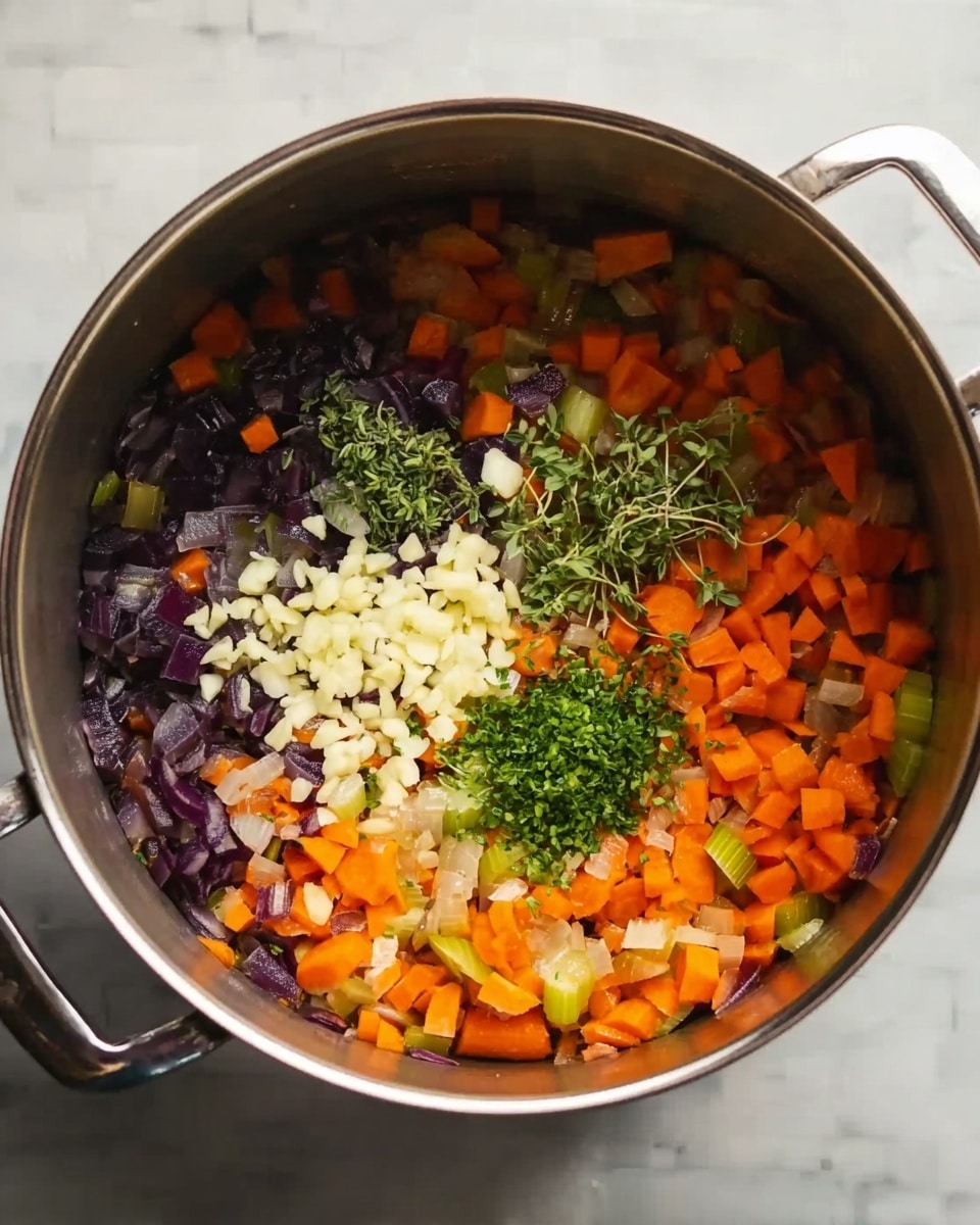 A round pot filled with three main layers of ingredients. The bottom layer is a mix of lightly cooked orange carrot pieces, purple onion bits, and light green celery chunks. On top of this, there is a layer of small white garlic pieces scattered mostly on the left side. Over the carrots and onions, there are two small piles of fresh green herbs placed near the middle and right side of the pot. The pot sits on a white marbled surface. photo taken with an iphone --ar 4:5 --v 7