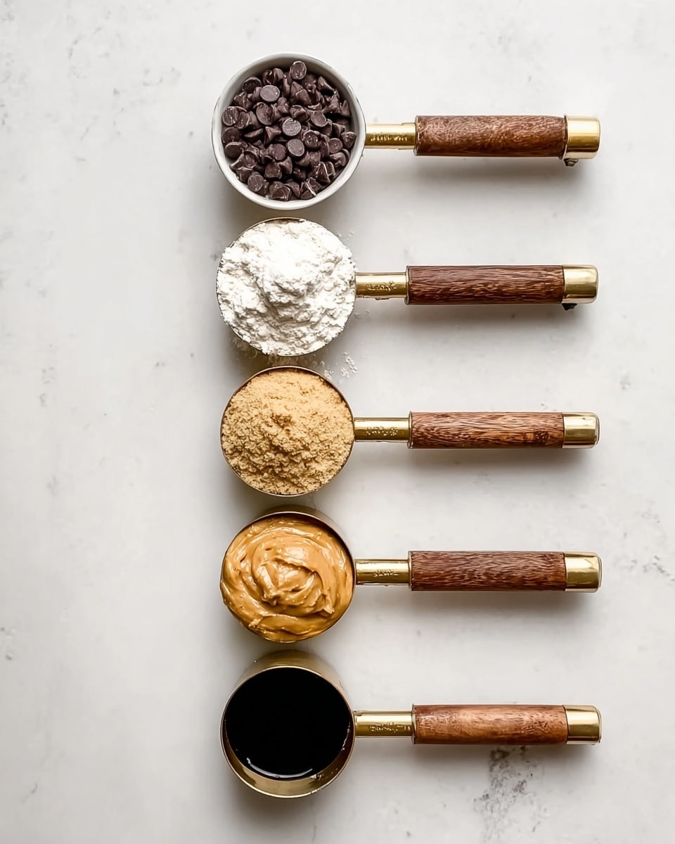 The image shows five measuring cups and one small white bowl arranged vertically on a white marbled background. At the top, a small white bowl is filled with dark brown chocolate chips. Below it, there's a measuring cup with a wooden handle filled with white flour, showing a soft, powdery texture. The next measuring cup contains light brown sugar with a slightly grainy texture. Below that, another cup holds smooth, creamy peanut butter with a glossy surface. The last measuring cup at the bottom has a small amount of dark liquid, likely vanilla extract, creating a shiny, almost black layer. All the handles are wooden with a brass connection and are aligned neatly, creating a visually balanced layout. photo taken with an iphone --ar 4:5 --v 7