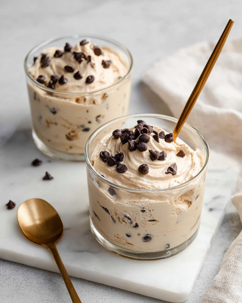 The image shows two clear glass cups filled with a creamy, light beige dessert mixed with dark chocolate chips. Both cups have a smooth, whipped texture with chocolate chips on top and scattered inside the dessert. One cup has a golden spoon inside, partially submerged in the dessert, with a swirl pattern from stirring. The cups are placed on a white marbled surface, with a golden spoon lying next to them. A soft white cloth is seen in the background. photo taken with an iphone --ar 4:5 --v 7