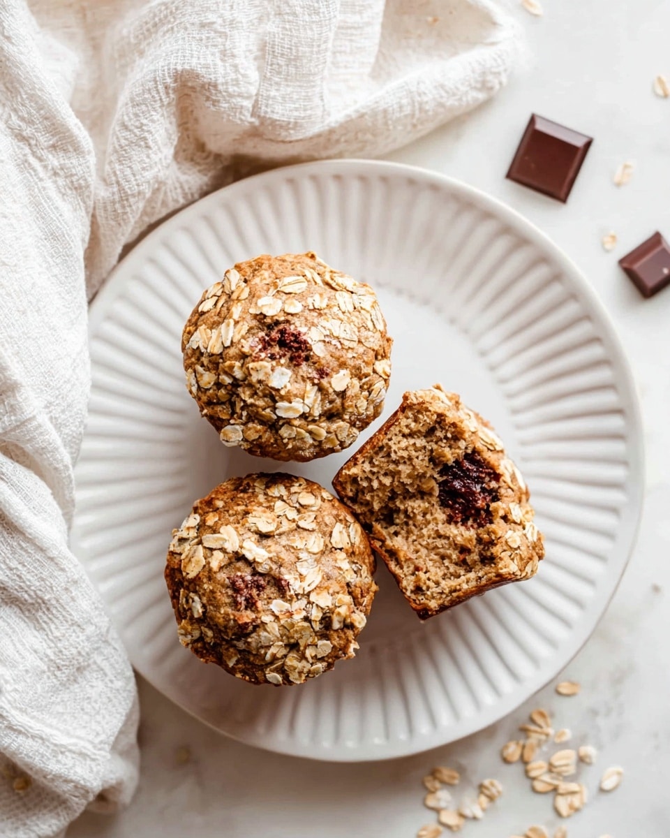 Three oatmeal muffins are placed on a white plate with ridged edges. Two muffins are whole, showing a rough texture with oats sprinkled thick on top, while the third muffin is positioned cut-side up, revealing a soft, moist inside with visible bits of dark chocolate and oats. The plate rests on a white marbled surface with a crumpled white textured cloth partially covering the top left area. Small chocolate squares and scattered oats surround the plate, adding detail to the scene. Photo taken with an iphone --ar 4:5 --v 7