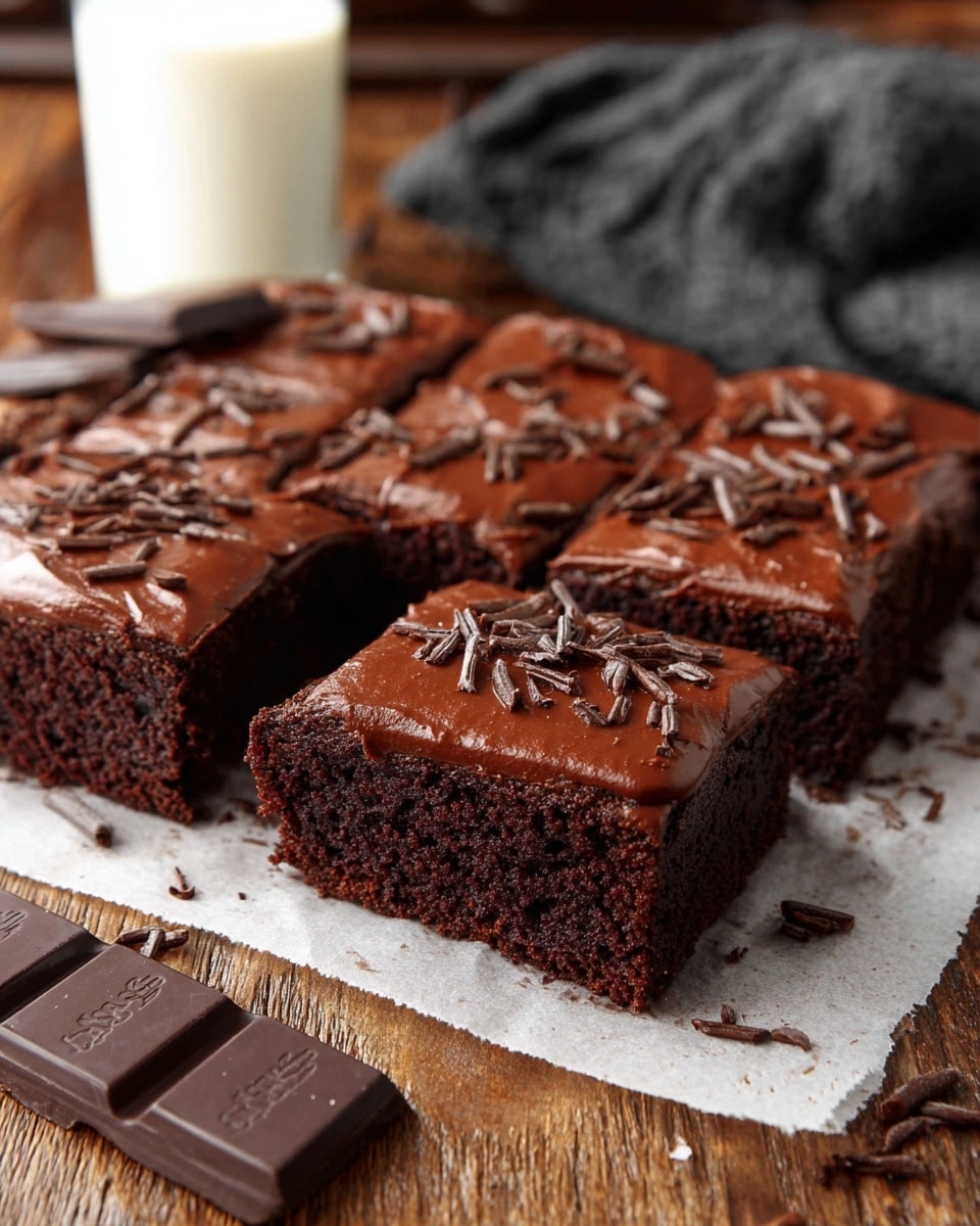 A close-up of a chocolate sheet cake sliced into six pieces, showing one slice slightly pulled away. The cake has one thick, dark brown layer with a smooth, shiny chocolate frosting evenly spread on top. Small, thin chocolate shavings are scattered over the frosting. The cake is on white parchment paper placed on a wooden surface, with pieces of chocolate bars nearby, and a dark cloth and a glass of milk blurred in the background. Photo taken with an iphone --ar 4:5 --v 7