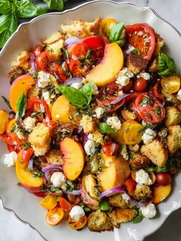 Panzanella Salad with Fresh Tomatoes, Peaches, and Burrata Recipe
