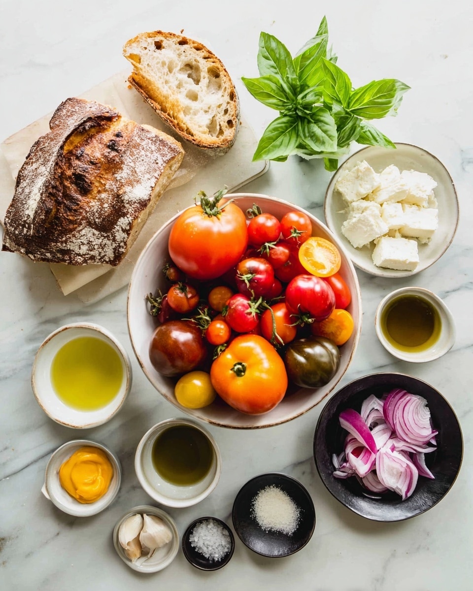 A large white bowl in the center holds many types of small tomatoes in red, yellow, and brown colors with two bigger tomatoes, one orange and one red, on top. To the left of the bowl, a piece of rustic bread with a crusty crust lies on a white marbled surface. Around the bread are small white and black bowls with pale green olive oil, a light yellow sauce, white granulated salt, dark brown vinegar, a few crushed garlic cloves in a white bowl, and a small black bowl with a dollop of mustard. To the right of the tomato bowl is a small black bowl filled with thinly sliced red onions and a small peach next to it. Above the bread is a small white bowl filled with soft white cheese. Green basil leaves lay above the tomato bowl. All items rest on a white marbled surface photo taken with an iphone --ar 4:5 --v 7