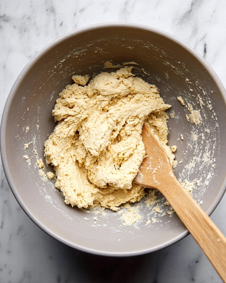 A gray mixing bowl holds a thick, pale yellow dough with a rough texture and some small visible bits. A light wooden spatula with a flat edge is partially covered with the dough and rests inside the bowl. The bowl and spatula sit on a surface with a white marbled texture. photo taken with an iphone --ar 4:5 --v 7