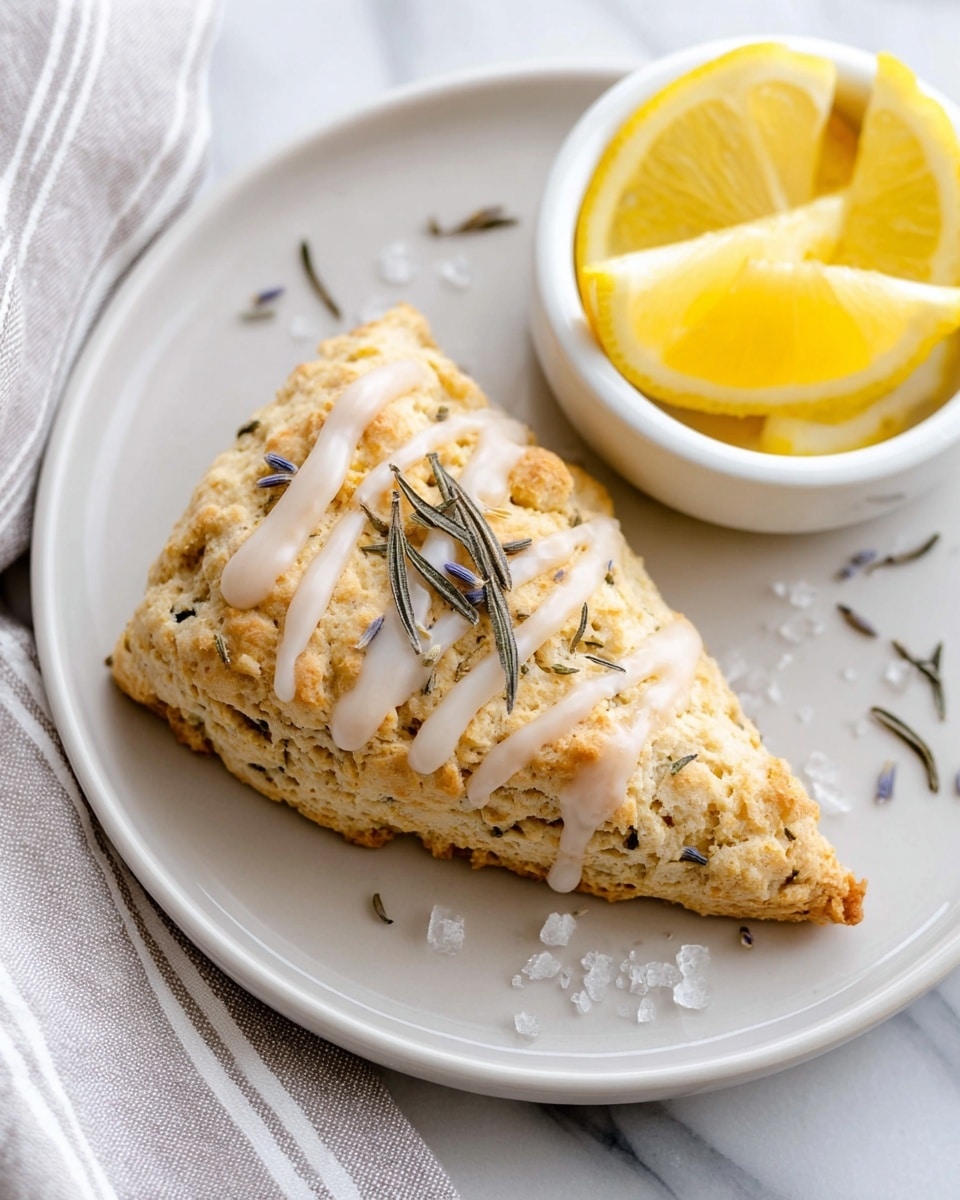 The image shows one triangular scone with a rough, crumbly texture and a light golden-brown color on the edges, placed on a white plate. The scone is drizzled with thin white icing in a zigzag pattern and topped with small sprigs of dried lavender and coarse sugar crystals scattered around. Next to the scone, there is a small white bowl filled with bright yellow lemon wedges. The plate sits on a white marbled surface, and a portion of a light gray and white striped fabric is visible on the left side. Photo taken with an iphone --ar 4:5 --v 7